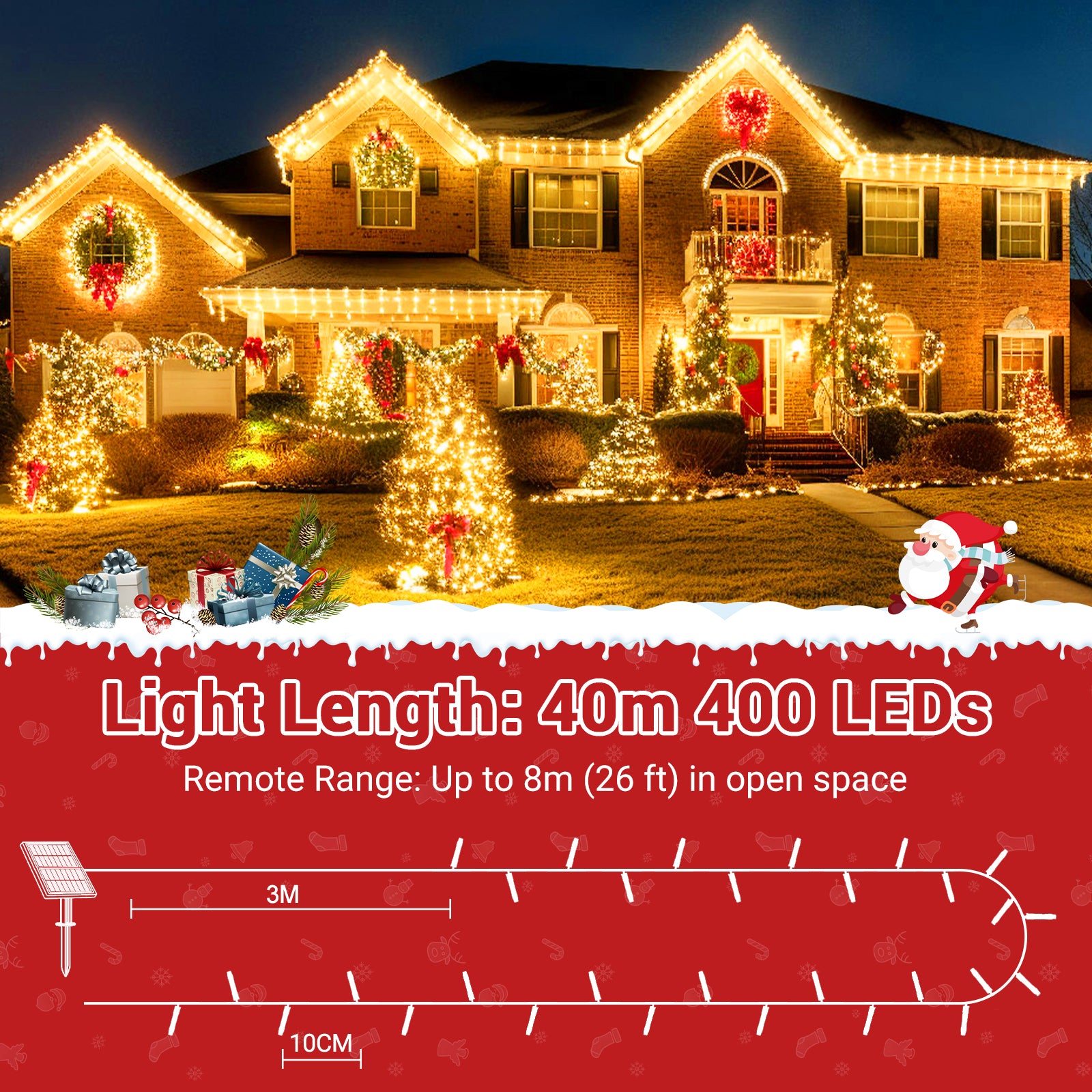 Quntis 40m 300-LEDs Solar Powered Waterproof Outdoor Christmas Fairy Lights – 8 Modes with Warm White Glow for Stunning Outdoor Decor
