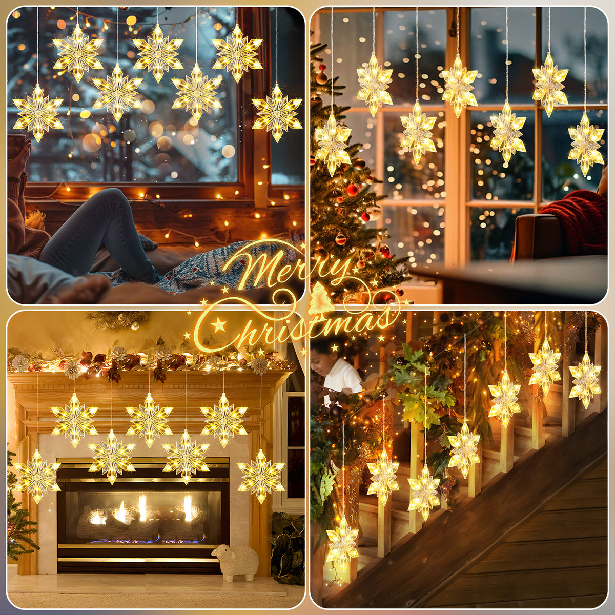 Quntis 7-teiliges Kristallschneeflocken-Fensterlicht, 84 warmweiße LEDs, batteriebetrieben