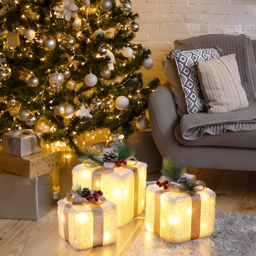 Set of 3 Plug-In Christmas Gift Gold Bows Lighted Boxes (60 LEDs) - quntis-service