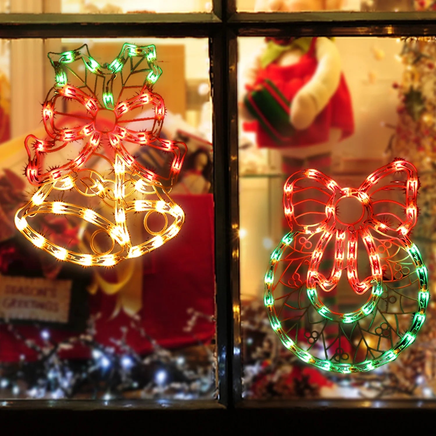 Quntis Multicolor Christmas Window Hanging Lights Decorations, 17 Inch Lighted Xmas Bell & Wreath Silhouette Lights with 100 Mini Bulbs &4 Hooks, Light up for Holiday Indoor Wall Door Glass Decor