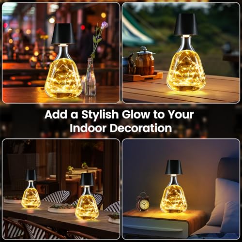 Quntis Cordless Bottle Lamp, Rechargeable LED Wine Bottle Light, Touch Bottle Table Lamp with 2M 40 LED Copper Wire, 3 Color Temperatures Dimming Dining Bar Light for Bedrooms Restaurants Bars