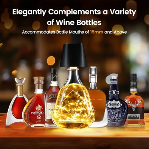 Quntis Cordless Bottle Lamp, Rechargeable LED Wine Bottle Light, Touch Bottle Table Lamp with 2M 40 LED Copper Wire, 3 Color Temperatures Dimming Dining Bar Light for Bedrooms Restaurants Bars
