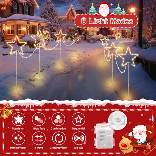 Quntis 4パック LEDクリスマスパスウェイライト、色が変わる星型ガーデンステーク、バッテリー駆動、8モード&タイマー付き、IP65防水、クリスマスの庭や芝生の装飾用
