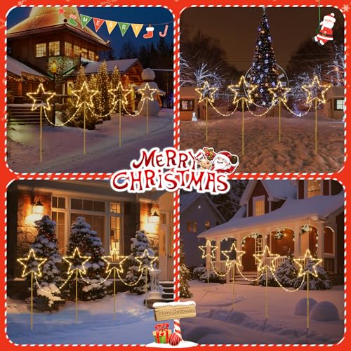 Quntis 4 Pcs LED Christmas Pathway Lights, Colour Changing Star Garden Stakes, Battery Powered with 8 Modes & Timer, IP65 Waterproof for Xmas Yard Lawn Decor