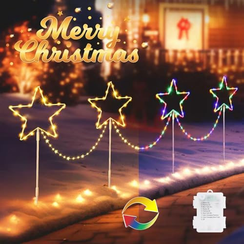 Quntis 4パック LEDクリスマスパスウェイライト、色が変わる星型ガーデンステーク、バッテリー駆動、8モード&タイマー付き、IP65防水、クリスマスの庭や芝生の装飾用
