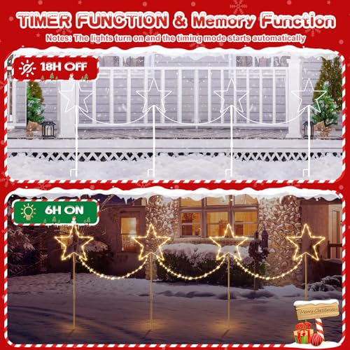 Quntis 4 Pcs LED Christmas Pathway Lights, Colour Changing Star Garden Stakes, Battery Powered with 8 Modes & Timer, IP65 Waterproof for Xmas Yard Lawn Decor