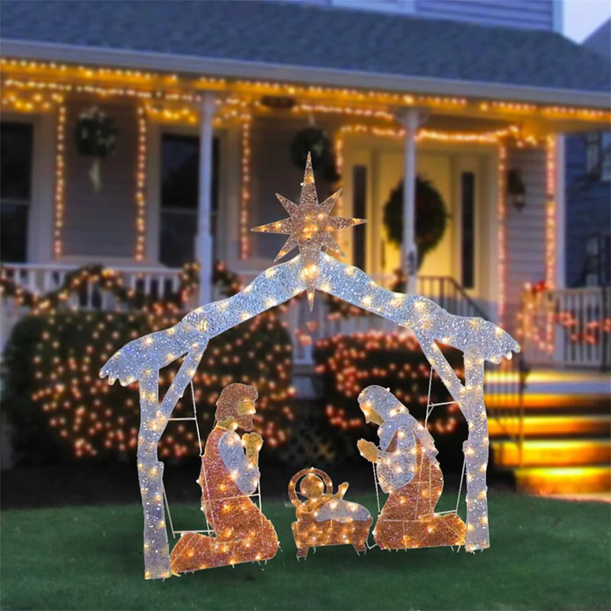 Decoración de Jardín de la Sagrada Familia de Navidad, incluye luces LED mini blancas preinstaladas y estacas para el suelo. Recomendaciones de luces navideñas imprescindibles.