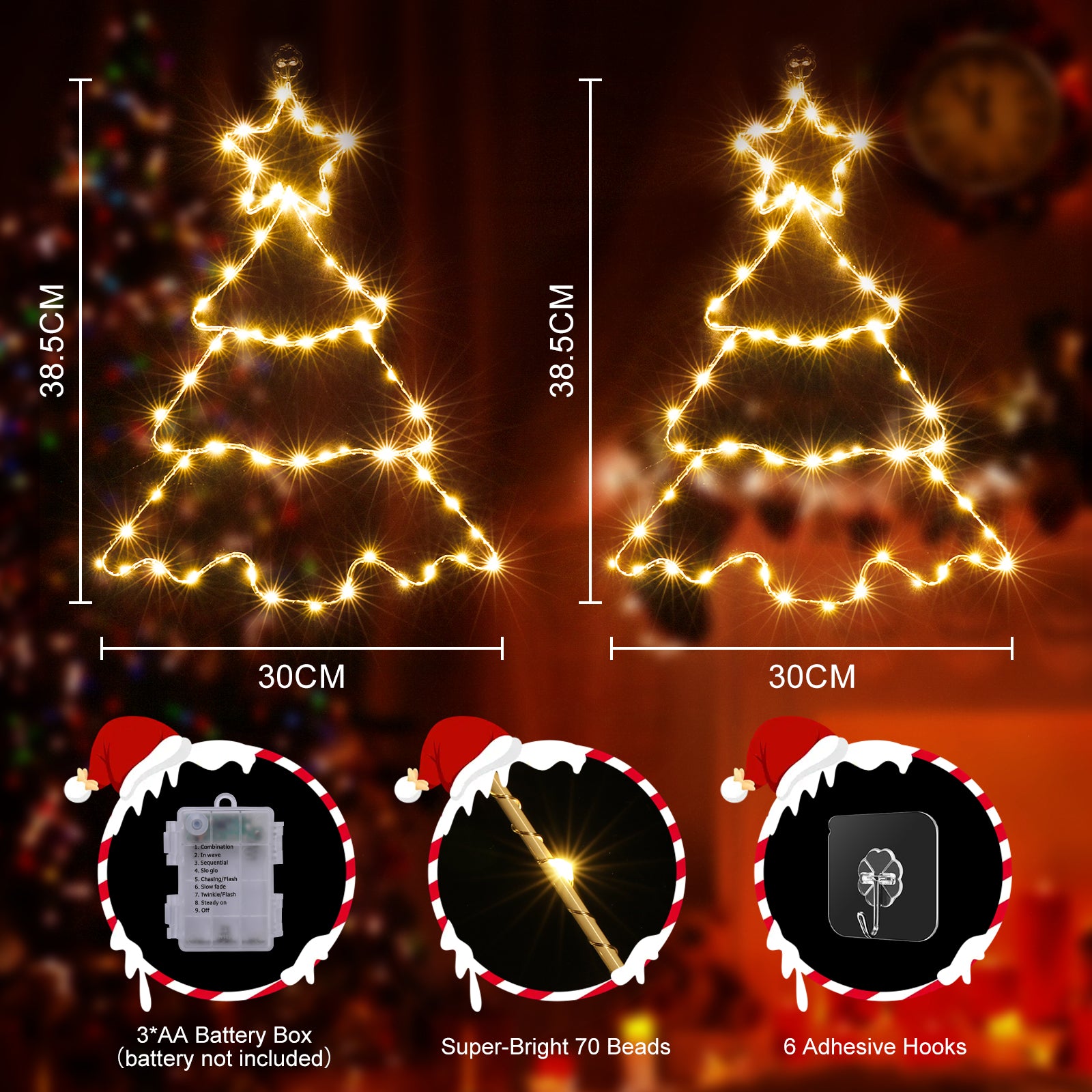 Quntis 3 Pcs Christmas Tree Window Lights – Warm White Hanging LED Fairy Lights, Tree-Shaped Window Decor with 8 Modes, Battery Powered, IP44 Waterproof for Indoor Outdoor Holiday & Home Decoration