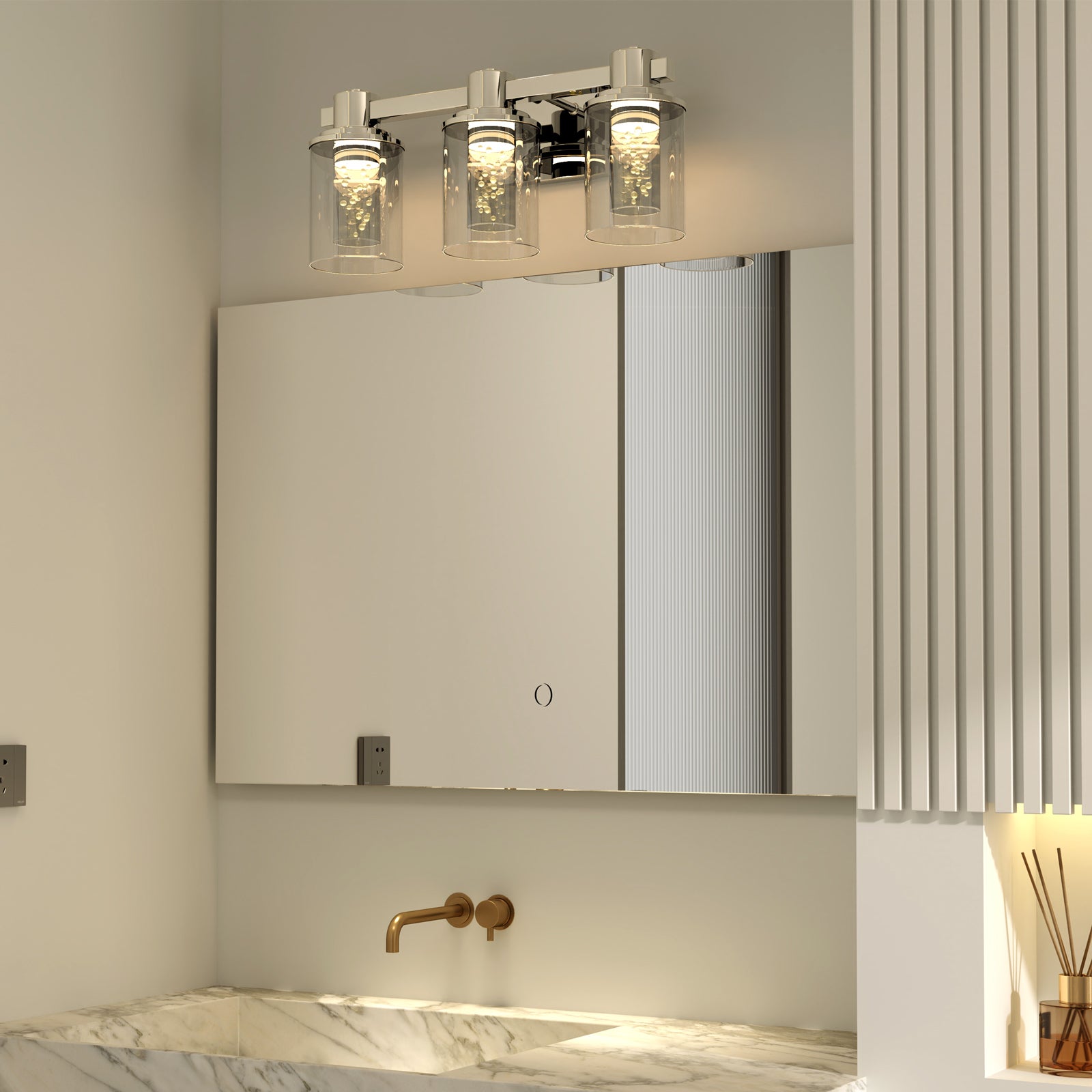 Quntis Aplique de baño moderno de cromo con 3 luces y pantallas de burbujas de cristal – Iluminación elegante para baño y hogar