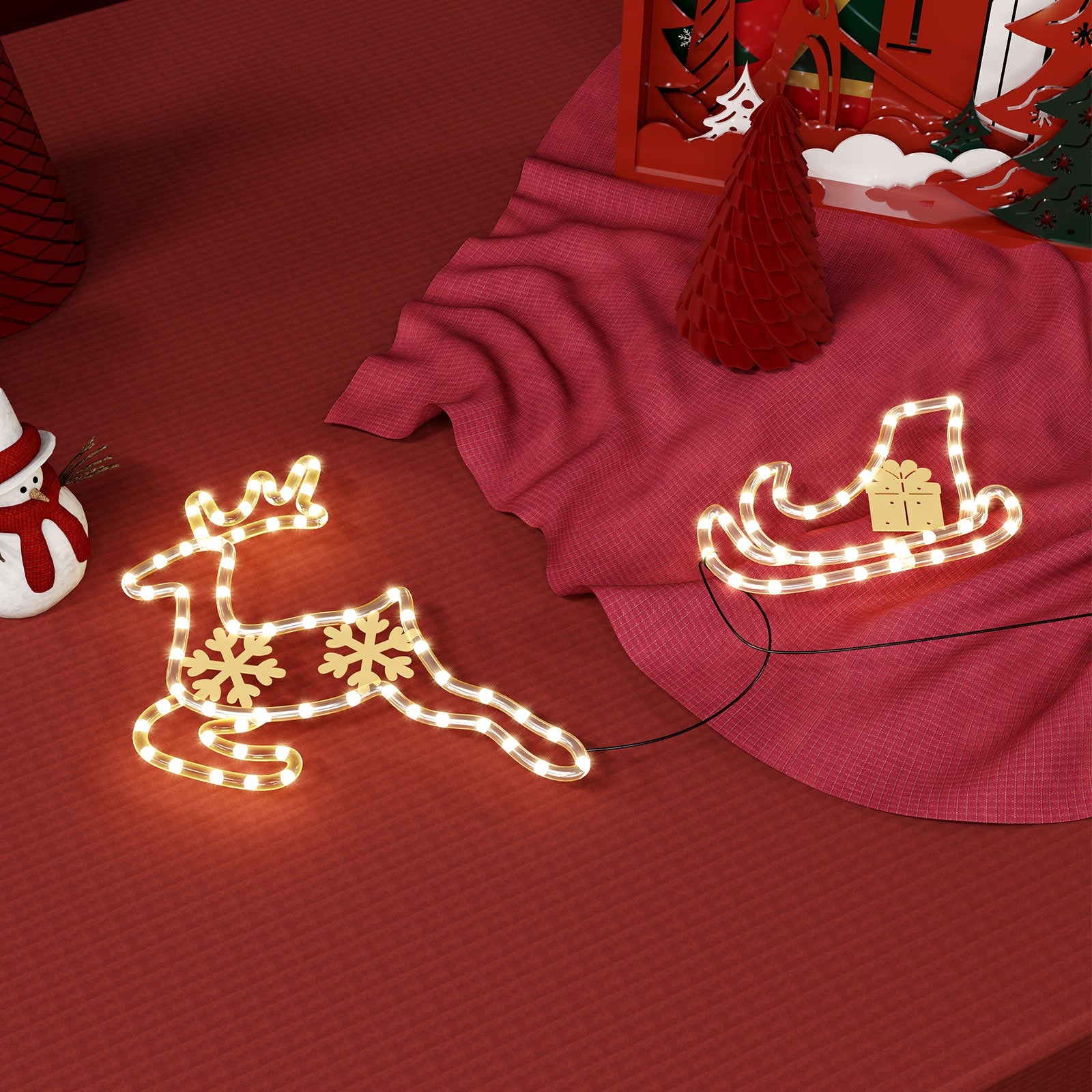 Quntis Weihnachtsfensterlichter – 2er-Pack Acryl-Elch mit Schlitten, batteriebetriebene Innen-/Außendekoration mit 95 hellen LED-Perlen