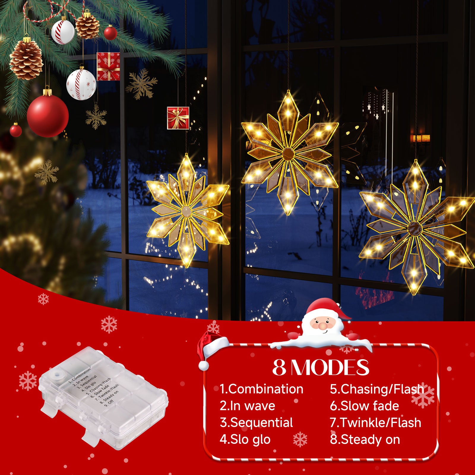 Quntis 34" Weihnachts-Schneeflocken Fensterlichter – 3er Pack, batteriebetrieben, 36 LEDs mit Timer & 8 Funkelmodi für die winterliche Innendekoration