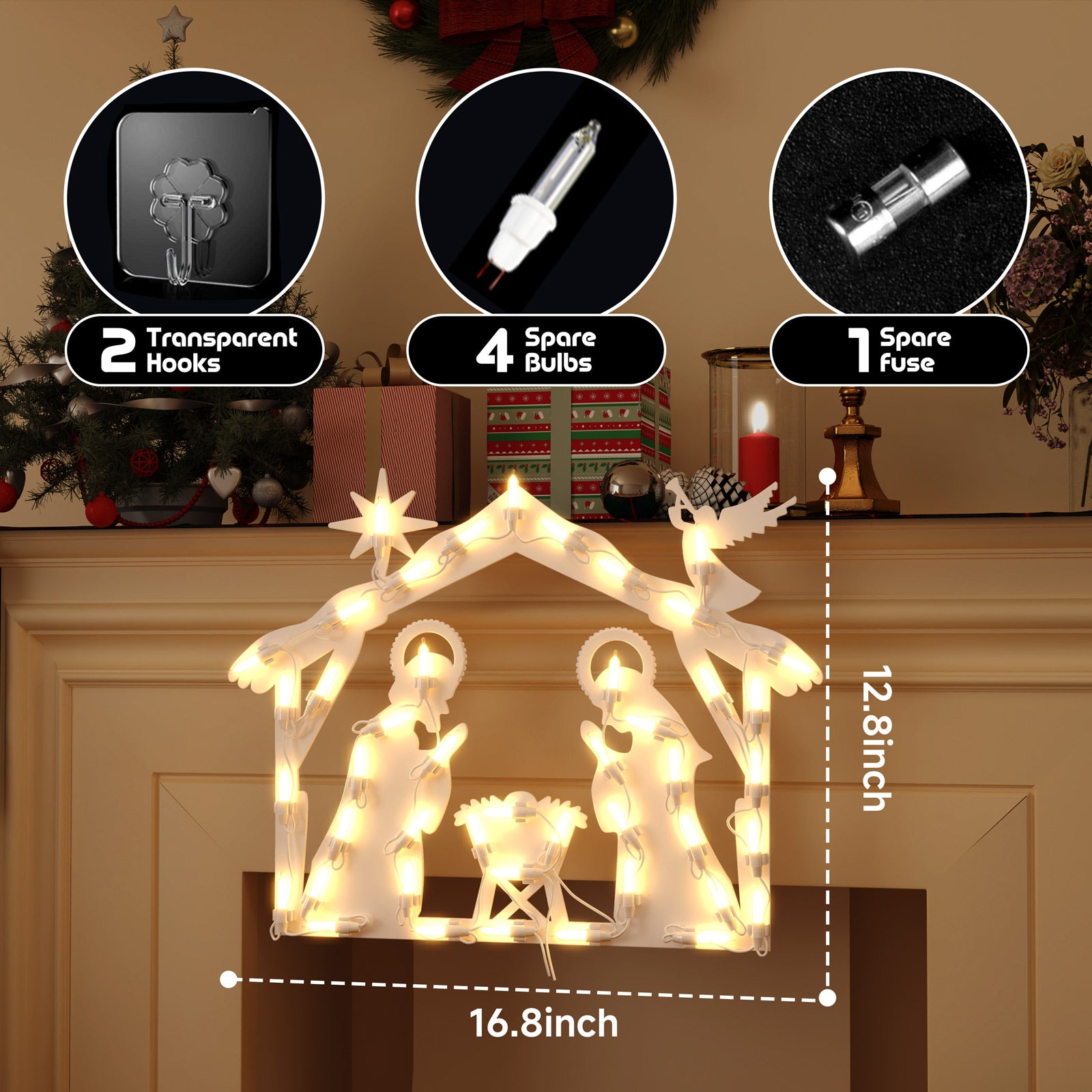 Quntis beleuchtete Weihnachtskrippe Fenster Silhouette Hängelichter – 50 LEDs für Feiertags- & Weihnachtsfensterdekorationen