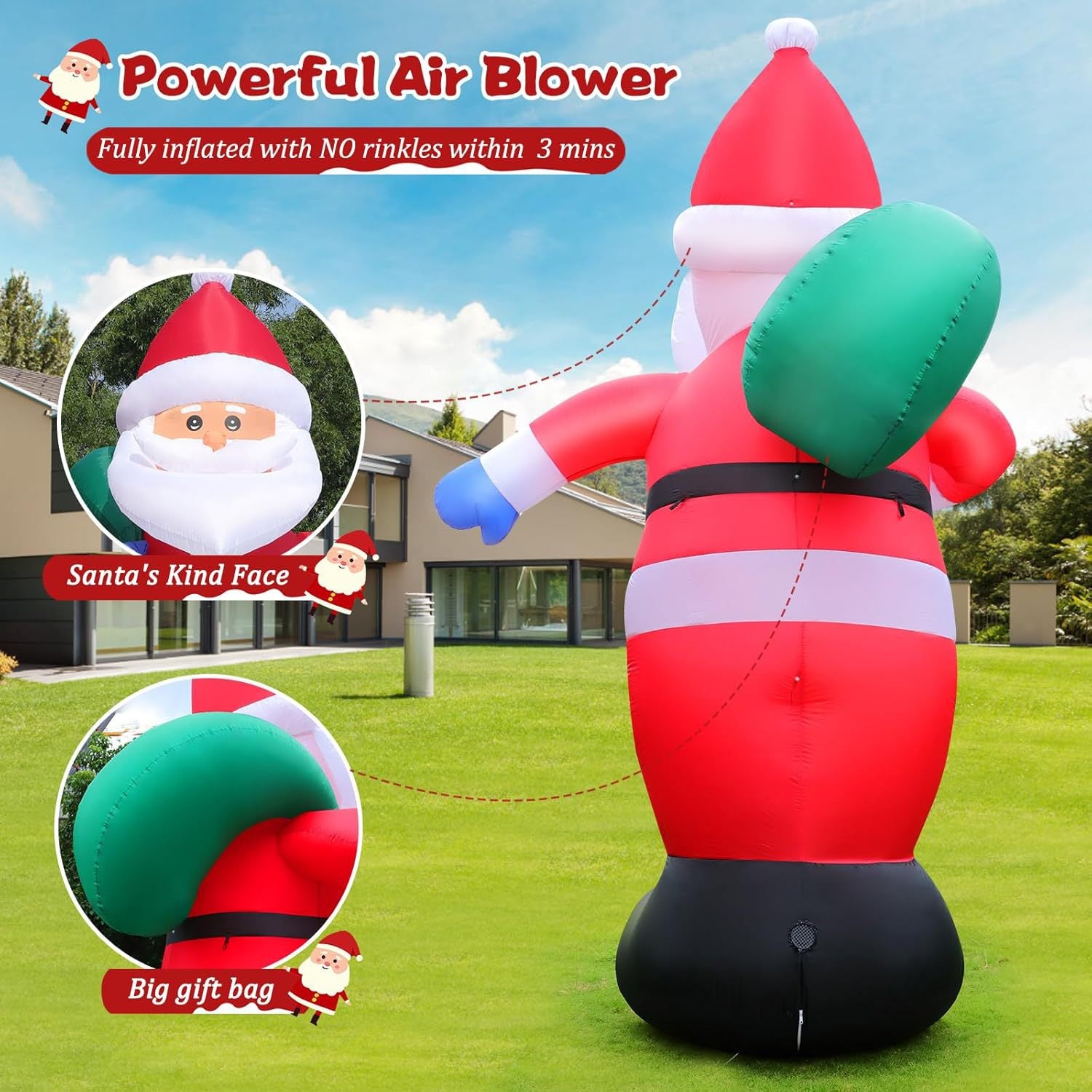 3.6m Santa Claus Navideño Inflable – Decoración Inflable Iluminada con LED y Bolsa de Regalo para Exhibición Exterior en las Fiestas