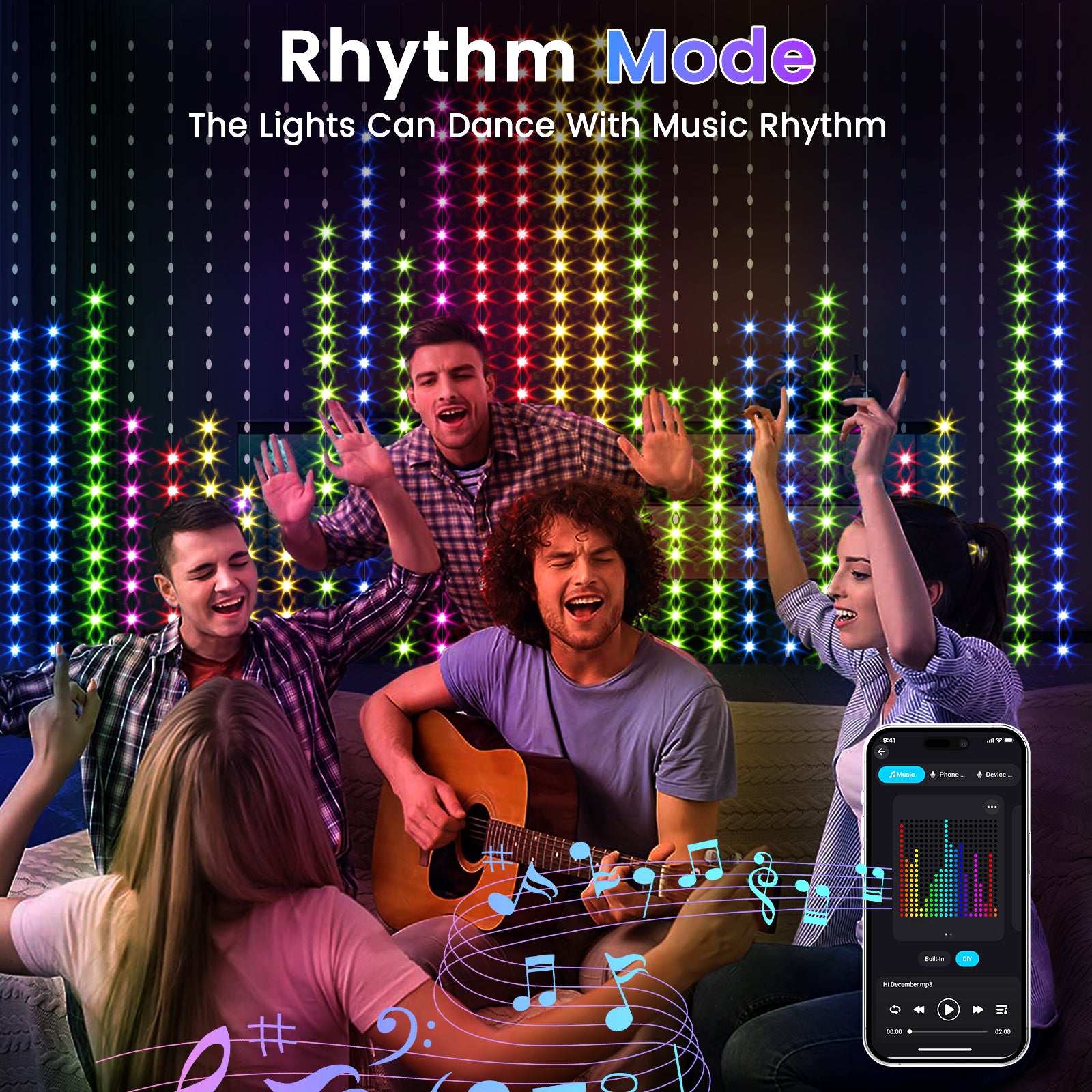 Quntis Smart RGB Curtain Fairy Lights, App/Remote Controlled with Music Sync, 3x3M 400 LED Tinsel Lights, Waterproof for Bedroom, Party & Holiday Decor.