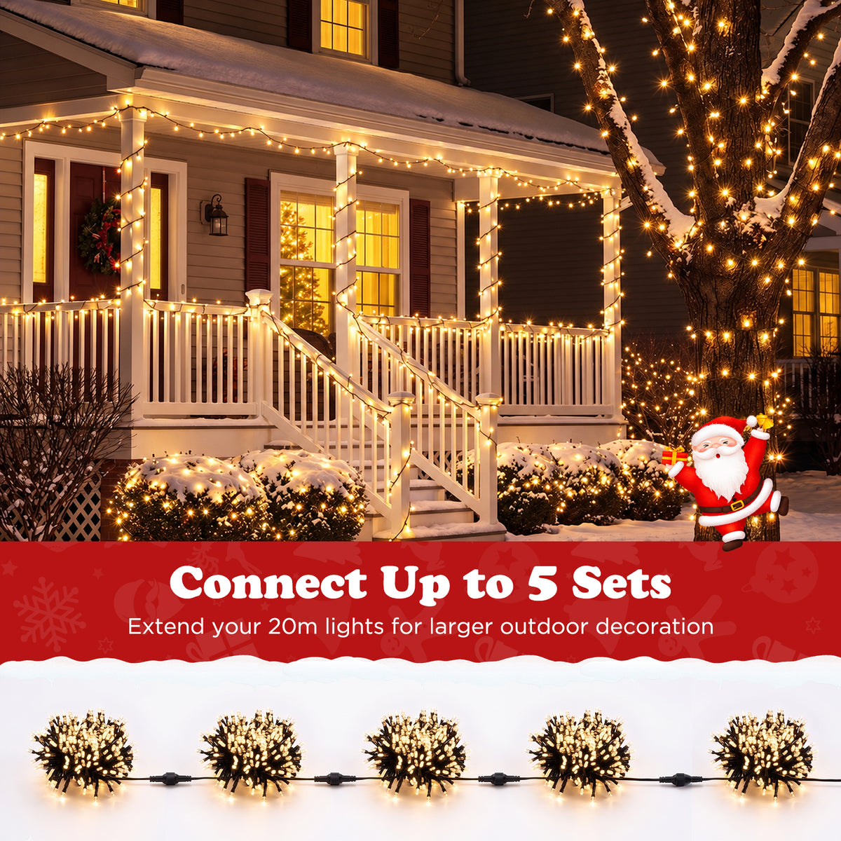 Quntis 65.6ft 400 LED Guirlande lumineuse à bulles, ampoules blanc chaud à sommet plat, câble noir, éclairage de Noël intérieur et extérieur
