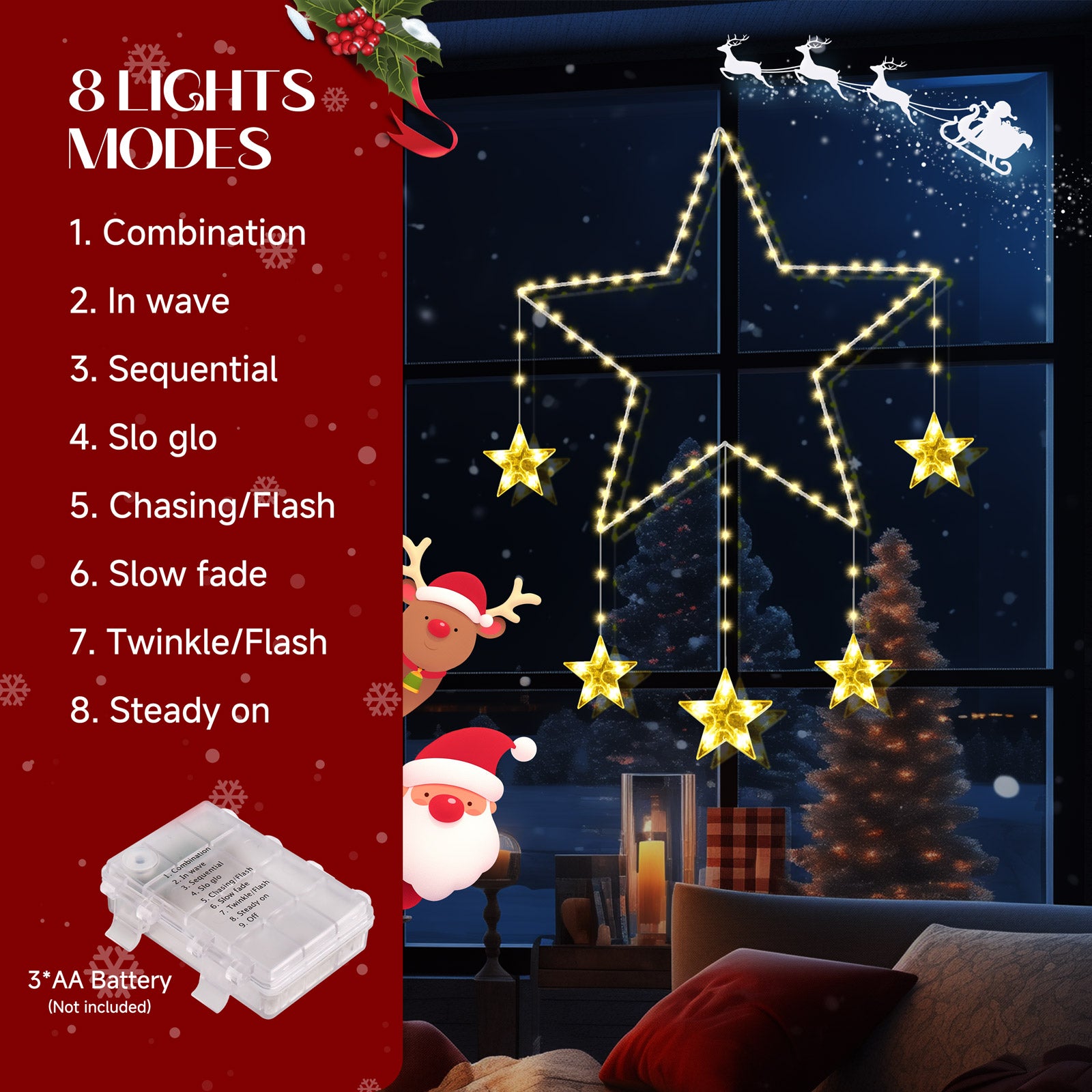 Quntis 2Pcs 37.5" Luces de Ventana de Navidad Grandes, 84LED 12 Estrellas, Luces de Estrella Parpadeantes a Batería con Temporizador, 8 Modos, Decoración Navideña Blanca Cálida