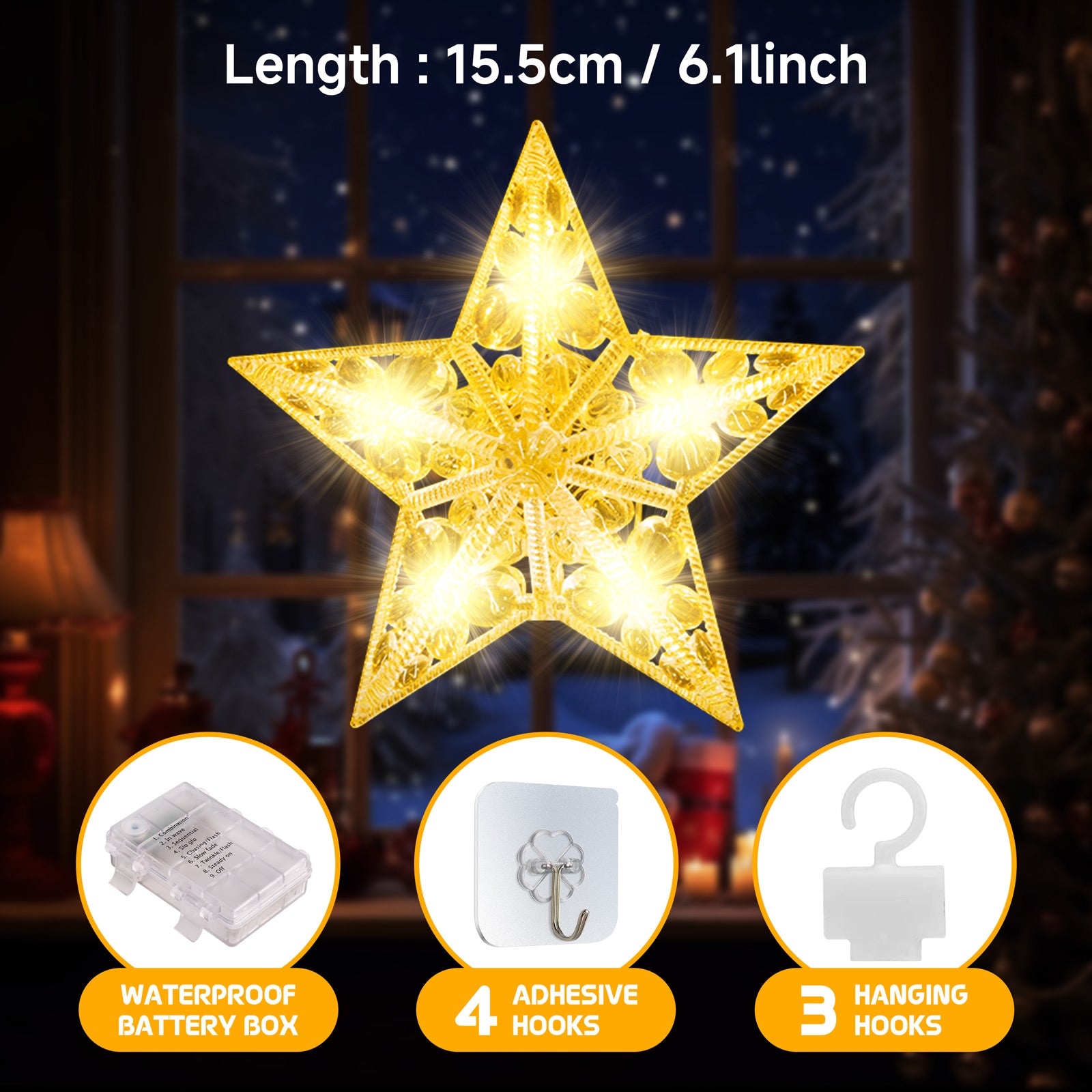Quntis 3つ星クリスマスダイヤモンド&クリスタル型ウィンドウライト(30個のLED) – きらびやかなクリスマスライトのための8つの照明モード、ホリデーデコレーションや屋内/屋外使用に最適