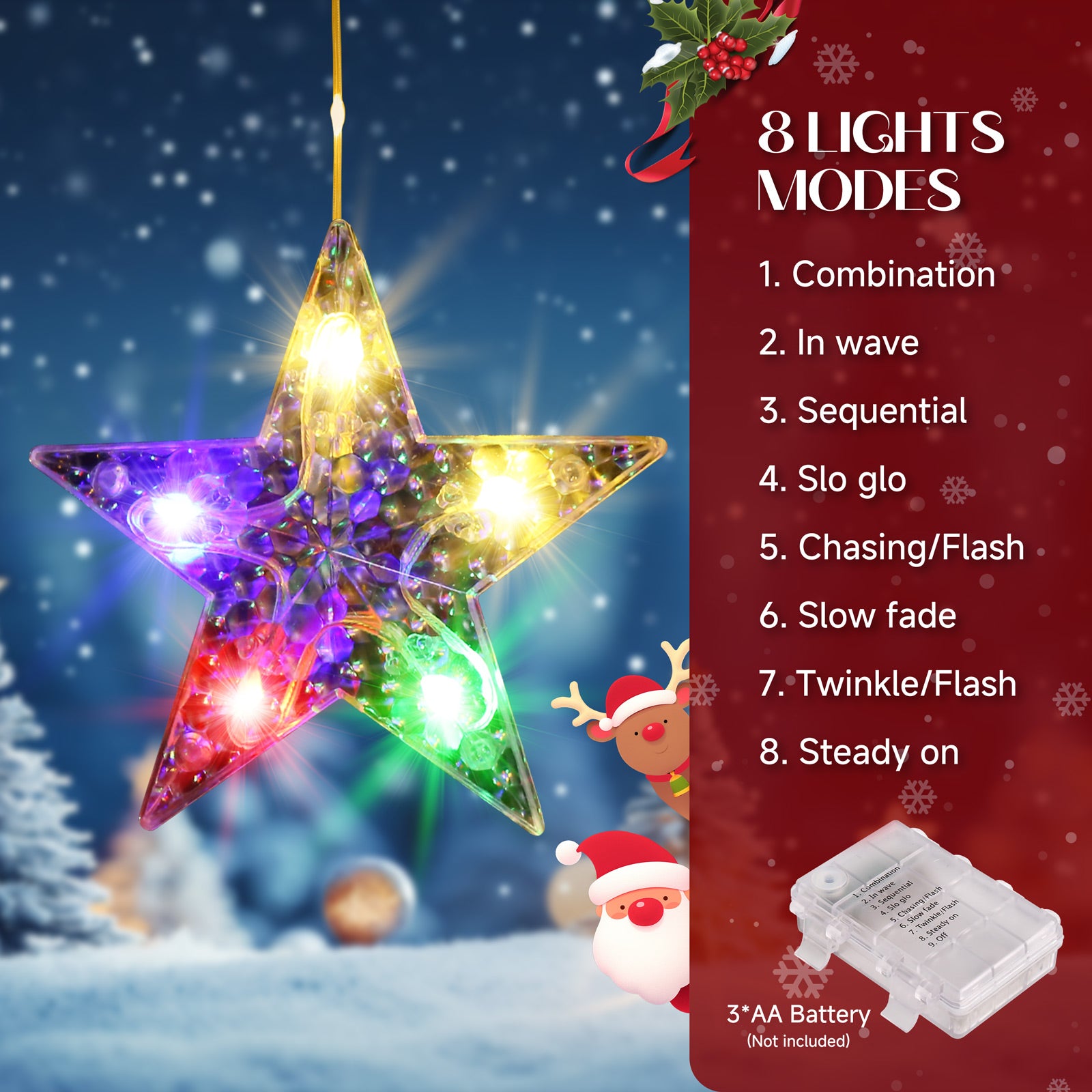 Quntis Color Changing Star Window Christmas Lights - Warm White & Multicolor 9 Stars Curtain, 8 Modes Battery Operated With Timer, IP65 Waterproof Xmas Window Decor