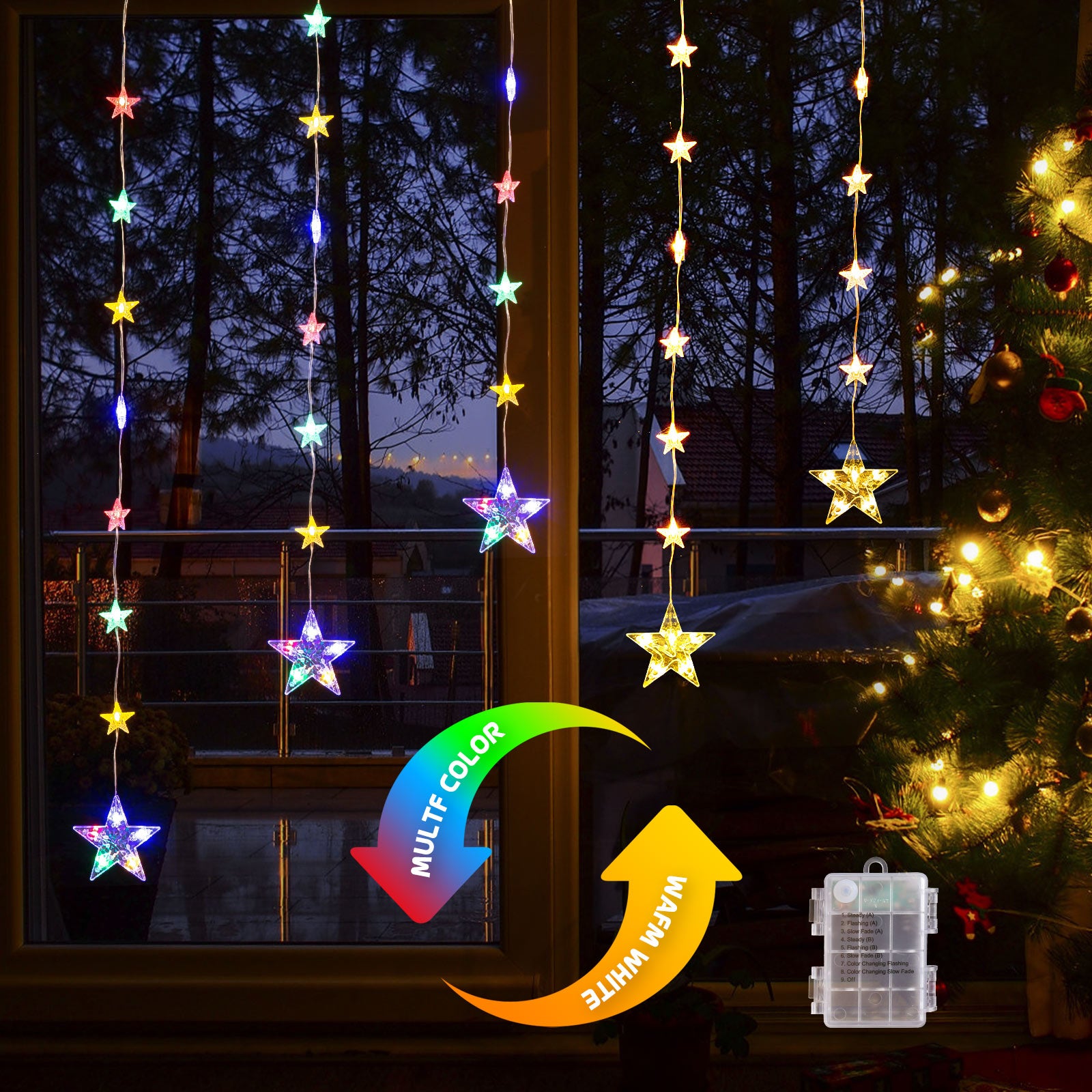 Quntis 32個の星型ライト – 8つのモード、52個のLEDを備えた色が変わるクリスマスライトで、華やかなホリデー&クリスマスデコレーションに最適