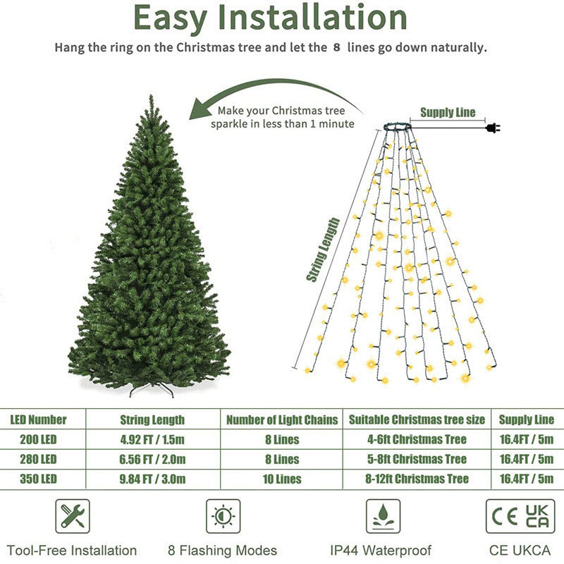 Quntis Neue LED Weihnachtsbaumringlichter – IP44 wasserdichte Niederspannungs-Stern-Wasserfall-Baumspitzenlichter für Feiertagsdekoration