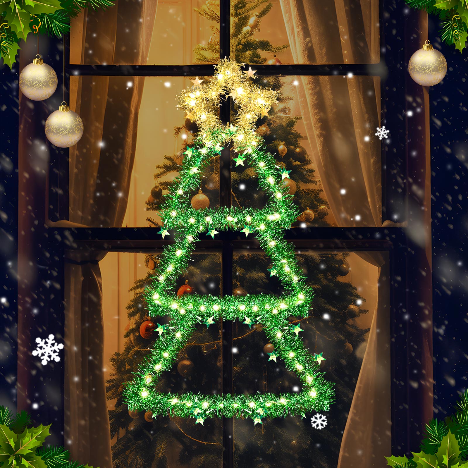 Quntis クリスマスウィンドウライト – 8モードとタイマー付きのバッテリー駆動ツリーライト、屋内/屋外装飾用の折りたたみ式金属LEDウォールハンギング