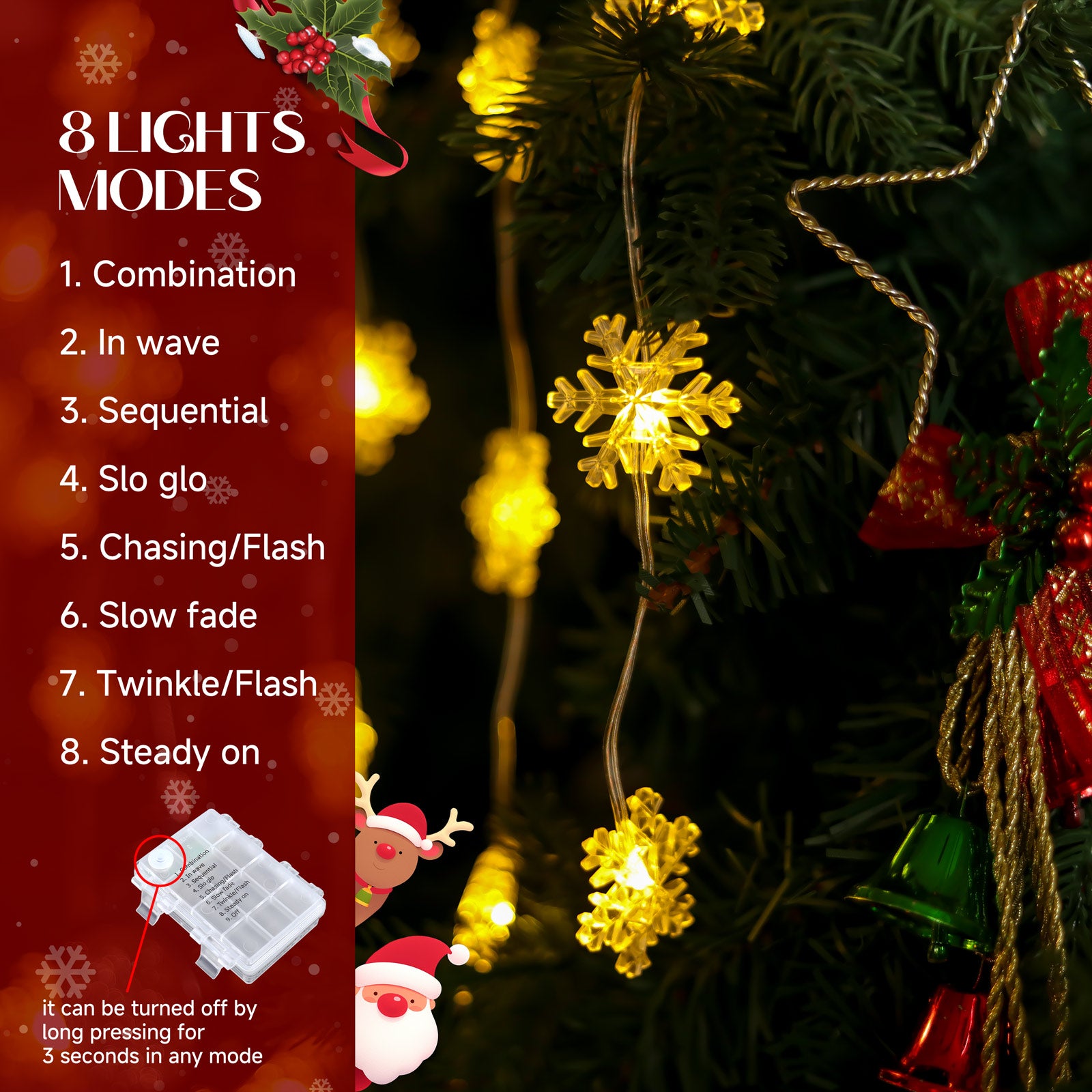 Quntis 50LED ক্রিসমাস স্নোফ্লেক লাইট – ৮ মোড, ব্যাটারি চালিত, IP65, টাইমার ও মেমরি ফাংশন ছুটির সাজসজ্জার জন্য (গরম সাদা)