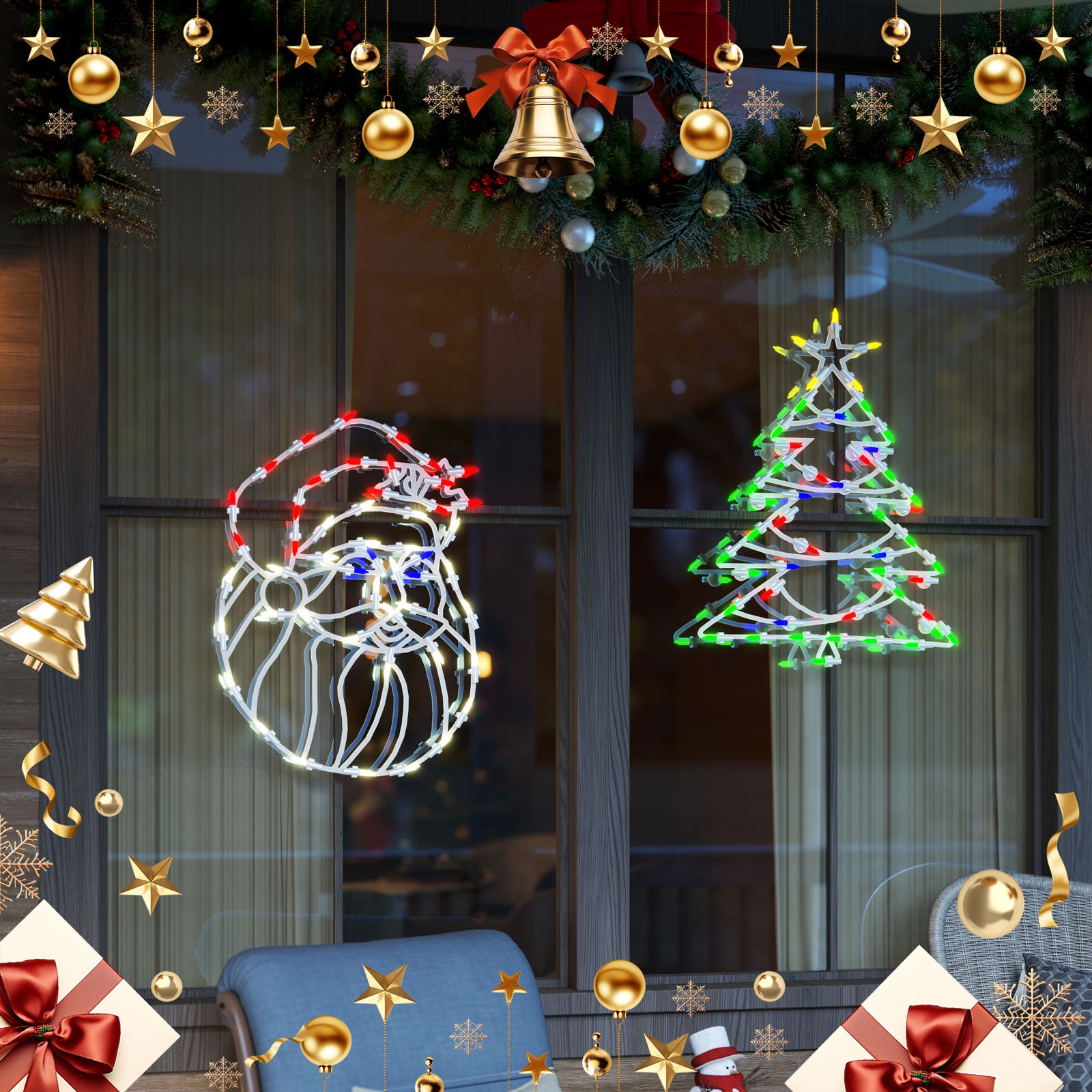 Quntis サンタクロースとクリスマスツリーのタングステンショーケースライト – 3個パック、窓、マントル、ディスプレイ用のフェスティブホリデーデコレーション