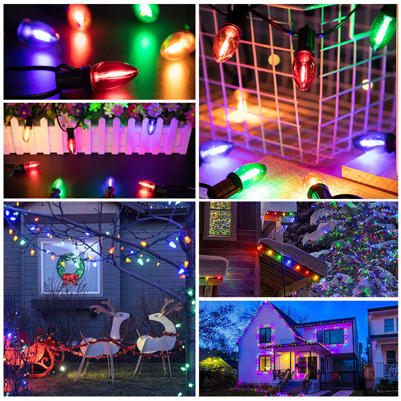 C7 RGB Outdoor Christmas String Lights, Shatterproof and Waterproof, E12 Plastic Bulbs