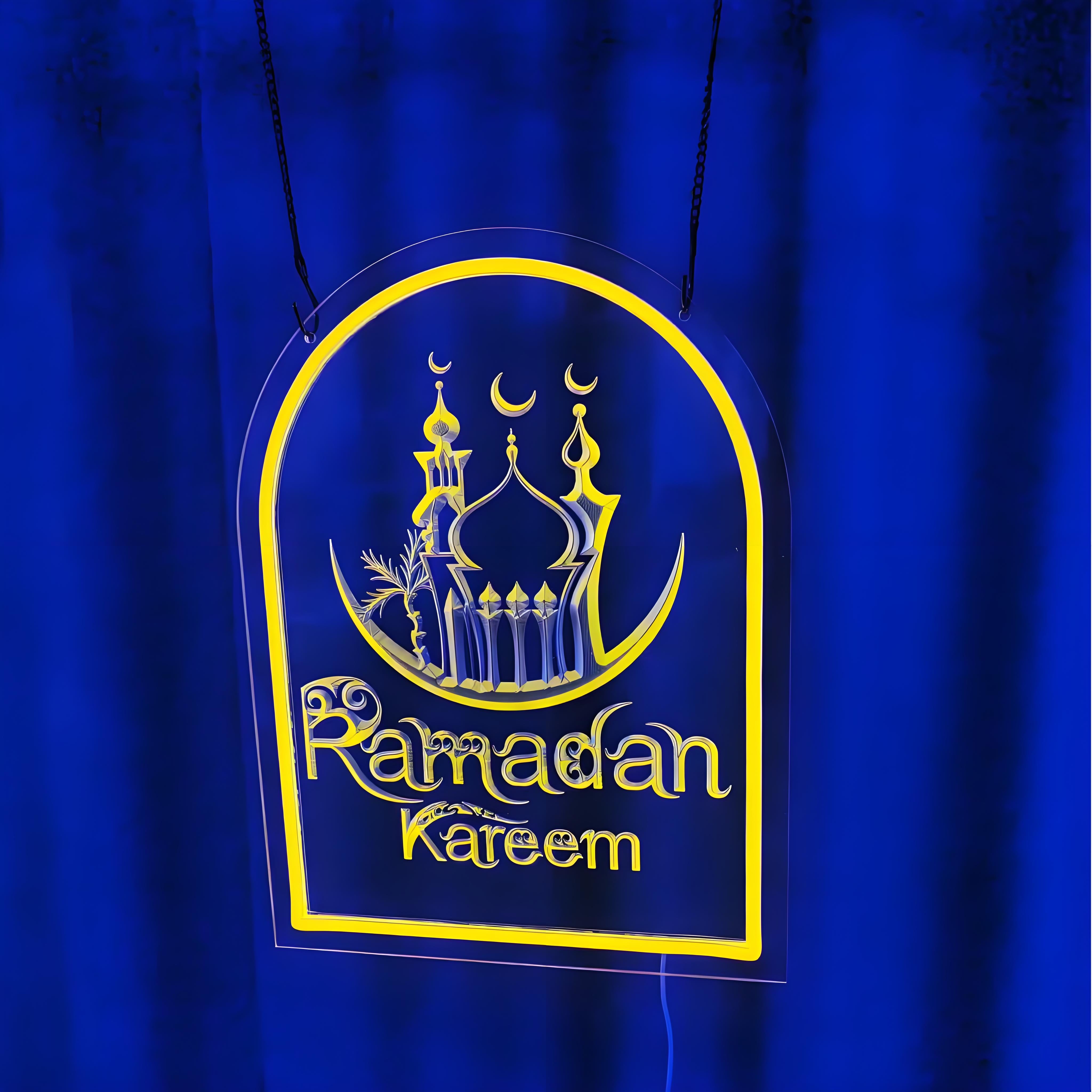 Premium 3D Engraved Neon Sign: Multi-Layer Mosque Silhouette & 'Ramadan Kareem' Arch Display