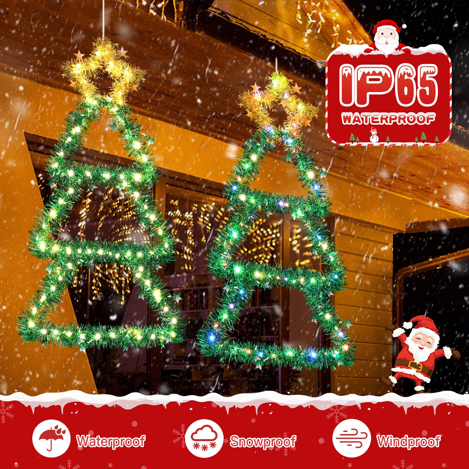 Quntis Metal Christmas Tree with Lights – Color Changing Battery-Powered Christmas Window Lights (30 x 14 Inches), 8 Modes & Timer, Foldable Wall Hanging Holiday Decor for Indoor/Outdoor Use