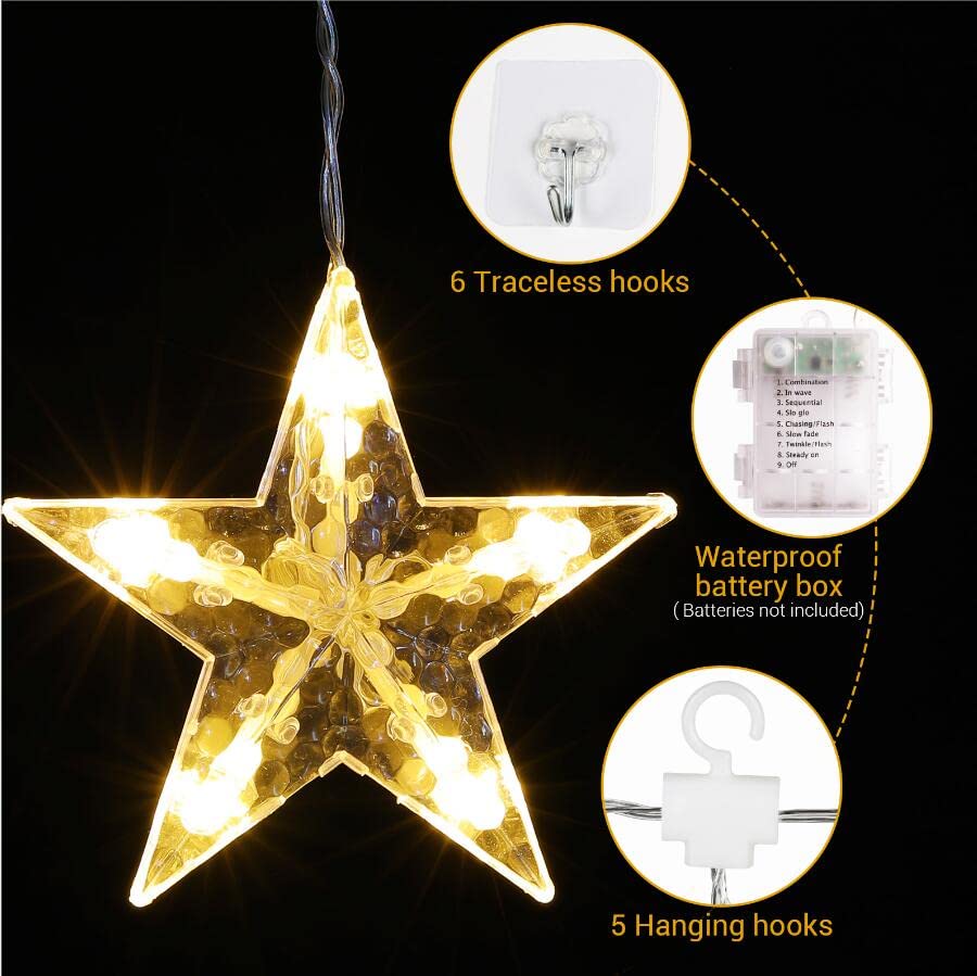 Star Curtain Lights, Battery Operated 5PCS Christmas Curtain Lights, Warm White - quntis-service