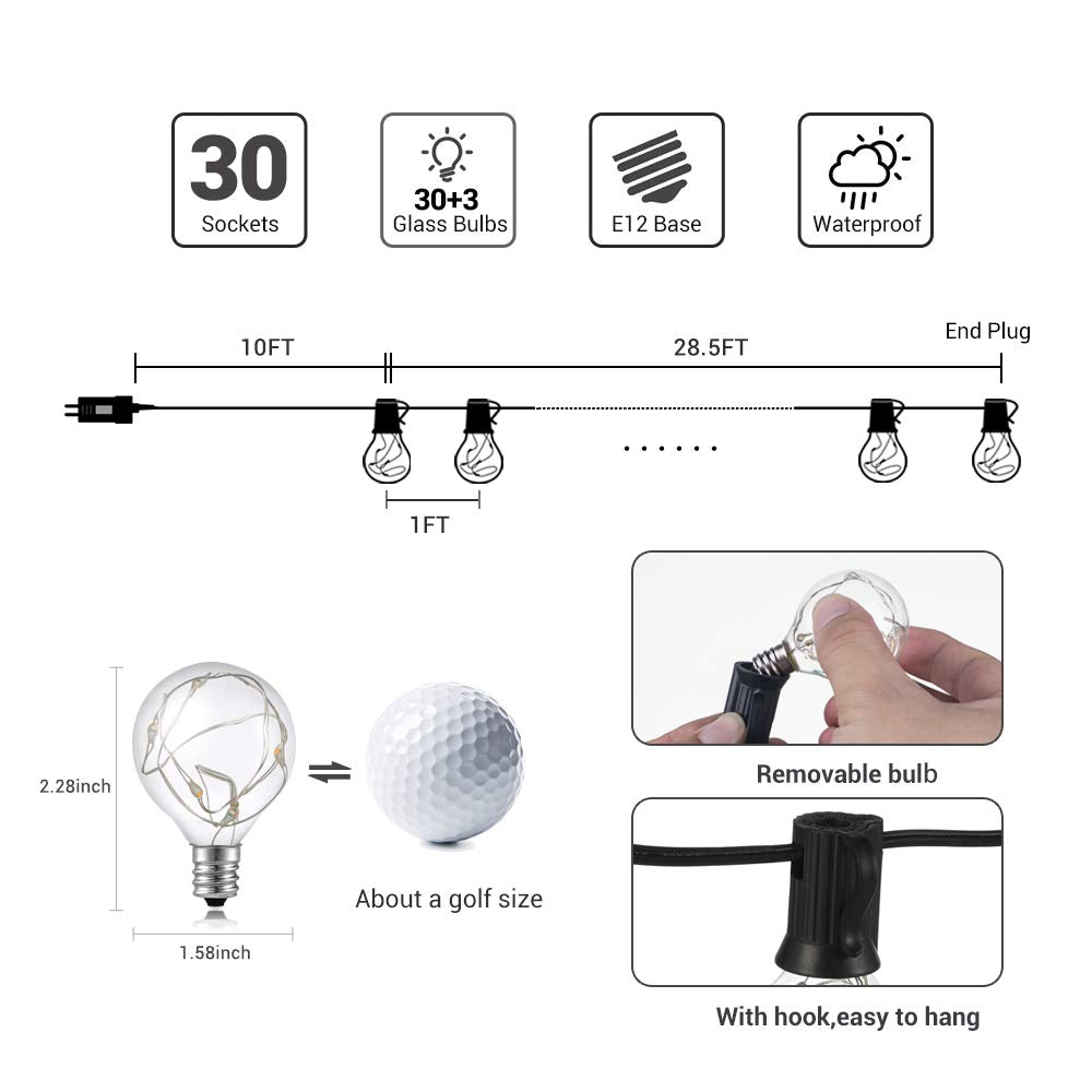 Quntis G40 Colored LED Outdoor String Lights, 38.5Ft IP65 Waterproof, 30+3 0.1w per Bulbs Energy Saving, Multi Color Outside Decorative Lighting Hanging for Patio Porch Garden Bistro Party Wedding