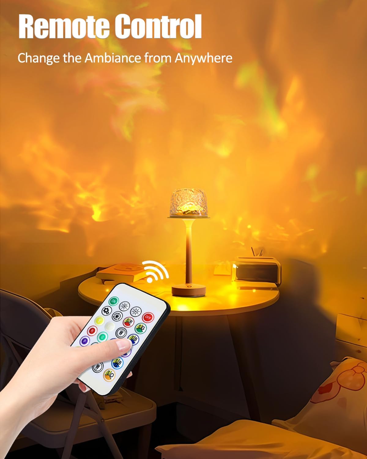 RGB Ocean Wave Projector Table Lamp, USB Rechargeable Cordless Night Light with Remote Control, Dimmable Touch Desk Lamp for Bedroom, Living Room, Kids Room