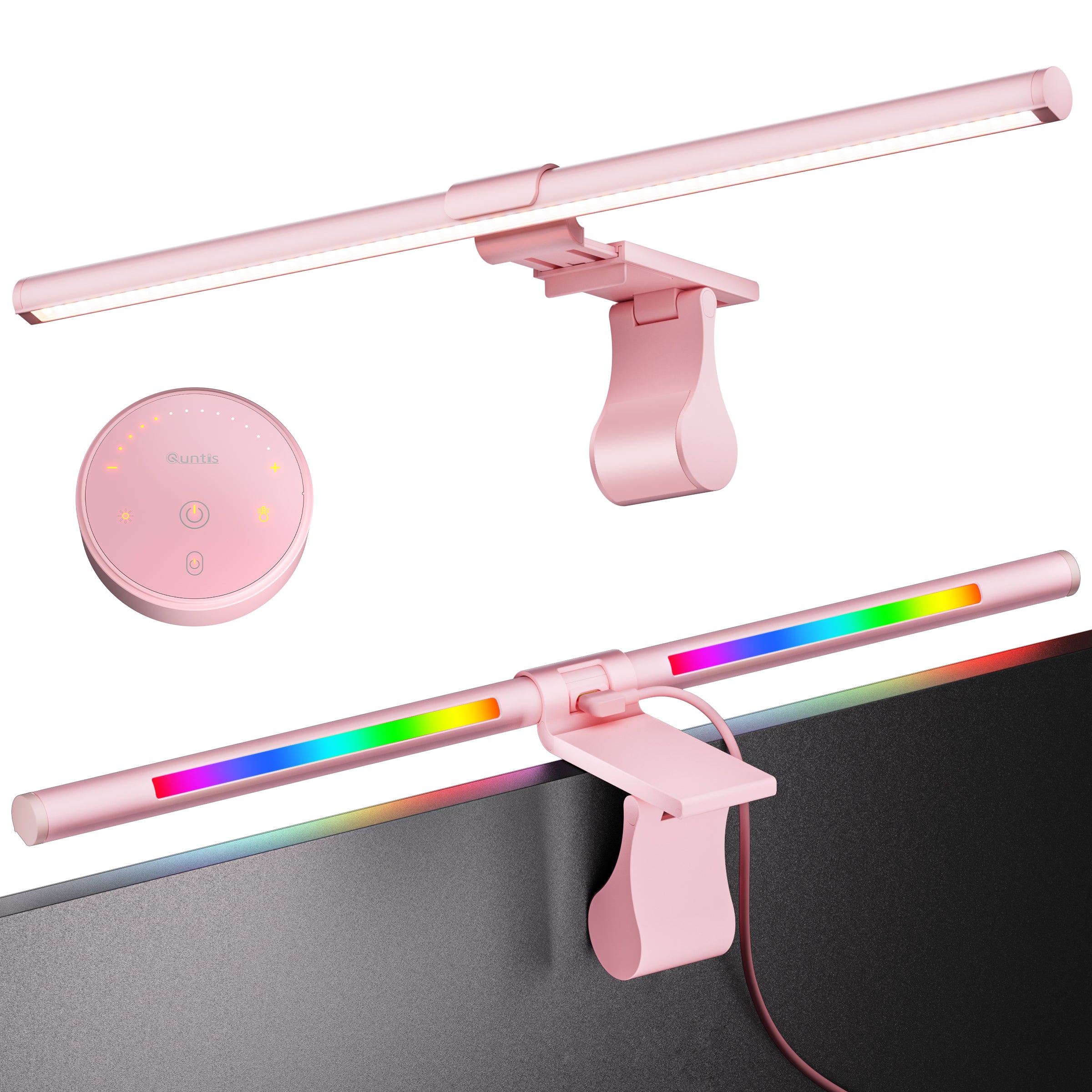 Quntis Pink LED Monitor Light Bar – Aesthetic Desk Lamp with 15 Models RGB Backlight, Eye-Care Ra95 Lighting & Wireless Remote,No Glare, Upgraded Clip for All Monitor (20Inch)