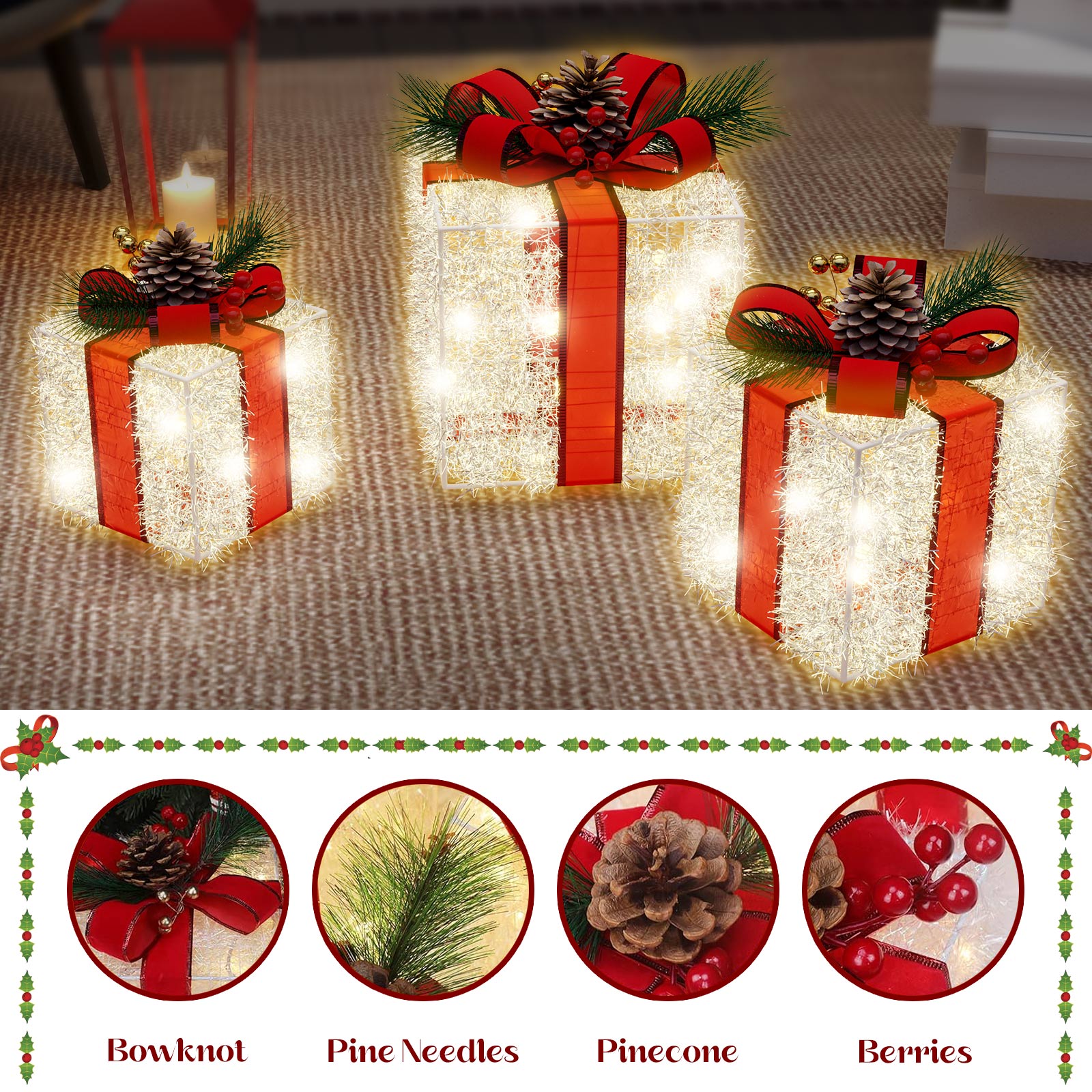 Christmas Lighted Boxes Decorations, Quntis 8 Modes 3 Lighted Boxes with Plug, Bows, Pine Cones, Gift Boxes Christmas Decorations for Christmas Tree Indoor/Outdoor