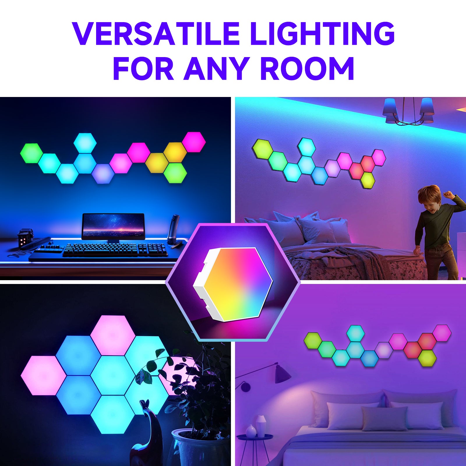 Panneaux lumineux hexagonaux, lumières LED hexagonales RGB synchronisées avec la musique, lumières de jeu avec application et télécommande pour la décoration intérieure de jeu.