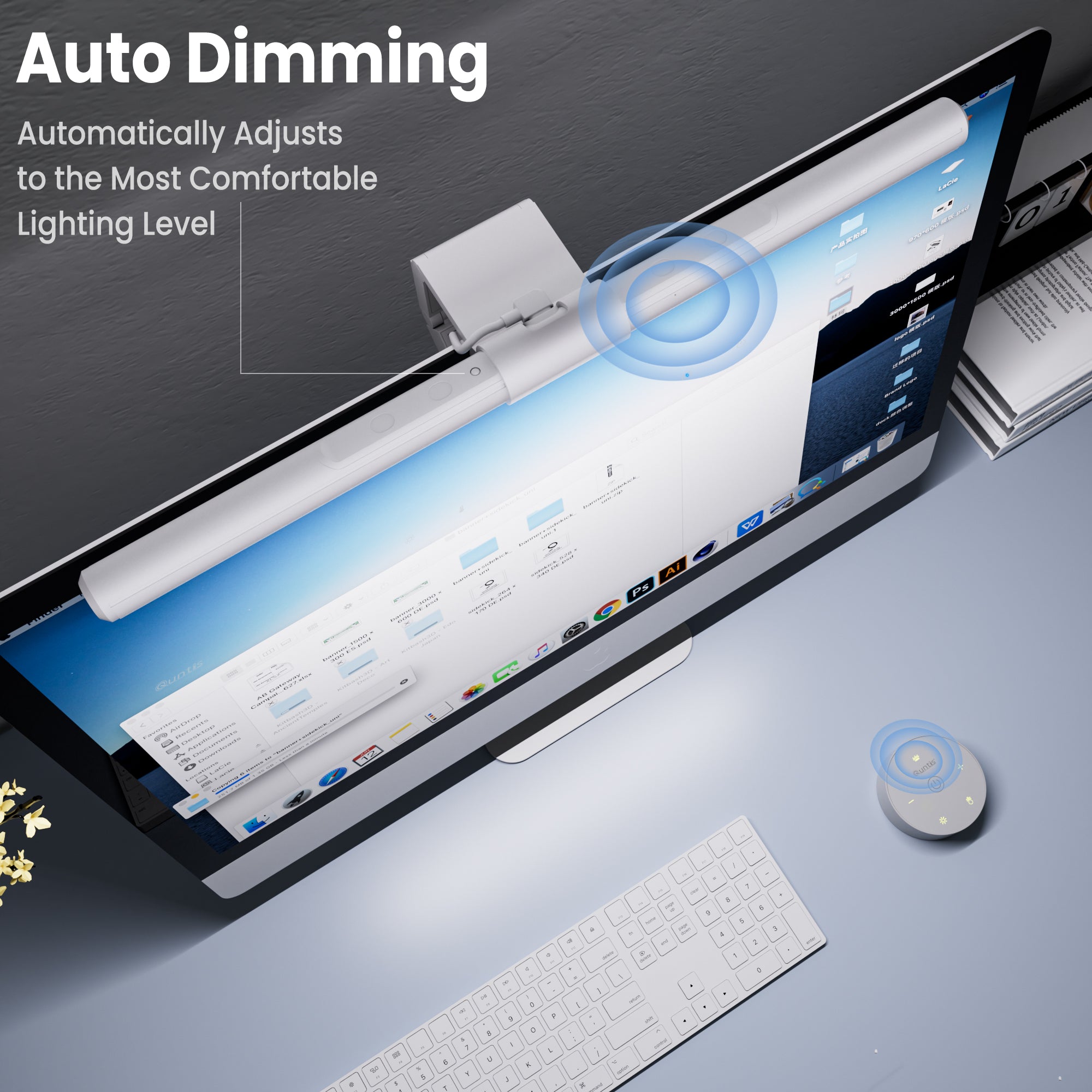 Quntis White Auto-Dimming Monitor Light Bar with Remote Control – No-Glare LED Screen Lamp with Smart Ambient Light Sensor for Eye Protection, Ideal for Office & Gaming Setup