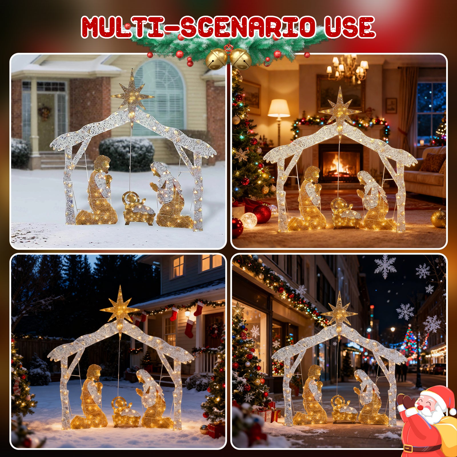 زينة فناء عائلة المسيح المقدسة لعيد الميلاد، تشمل أضواء LED بيضاء صغيرة مسبقة التوصيل وأوتاد أرضية. توصيات ضرورية لأضواء عيد الميلاد.