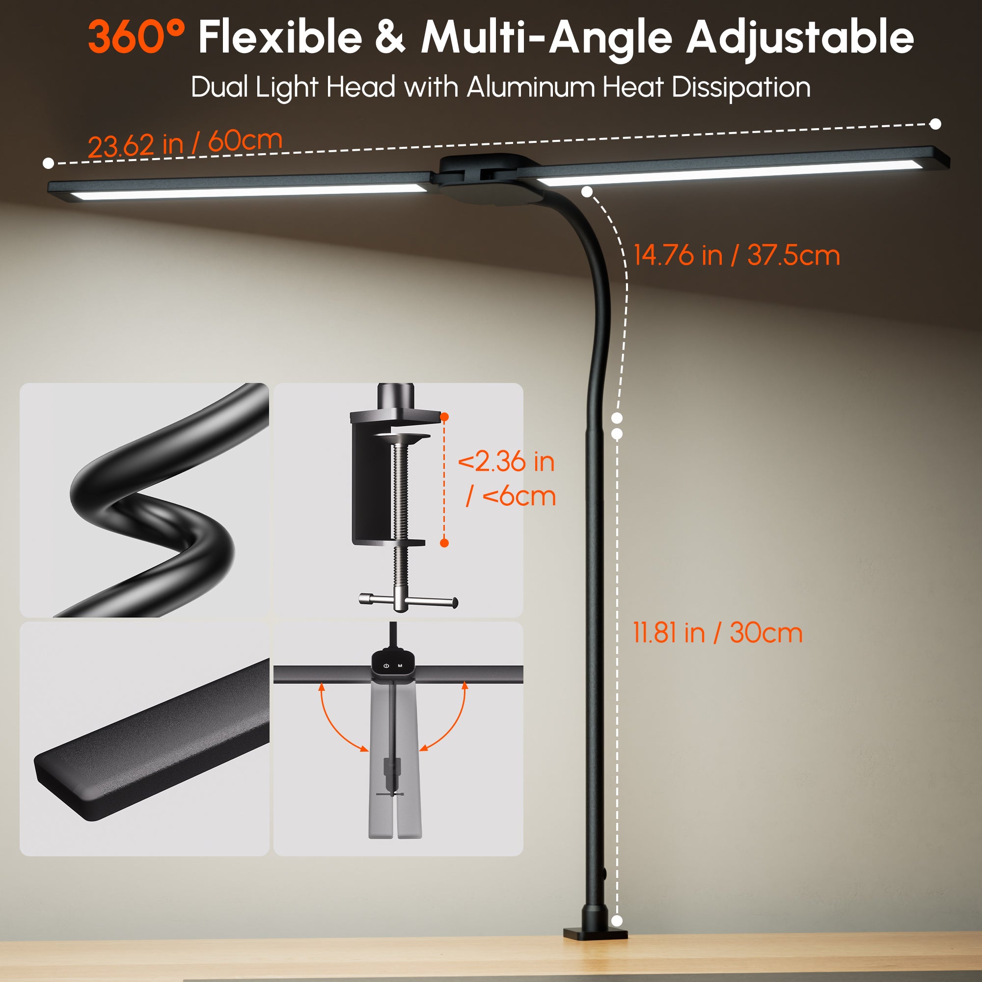 Quntis Dual-Head LED Desk Lamp with Clamp, Ultra-Wide Office Lamp for Dual Monitors, 360° Flexible Gooseneck Architect Lamp with Auto-Timer & Touch Control, CRI>90 Eye-Caring Task Light - Black