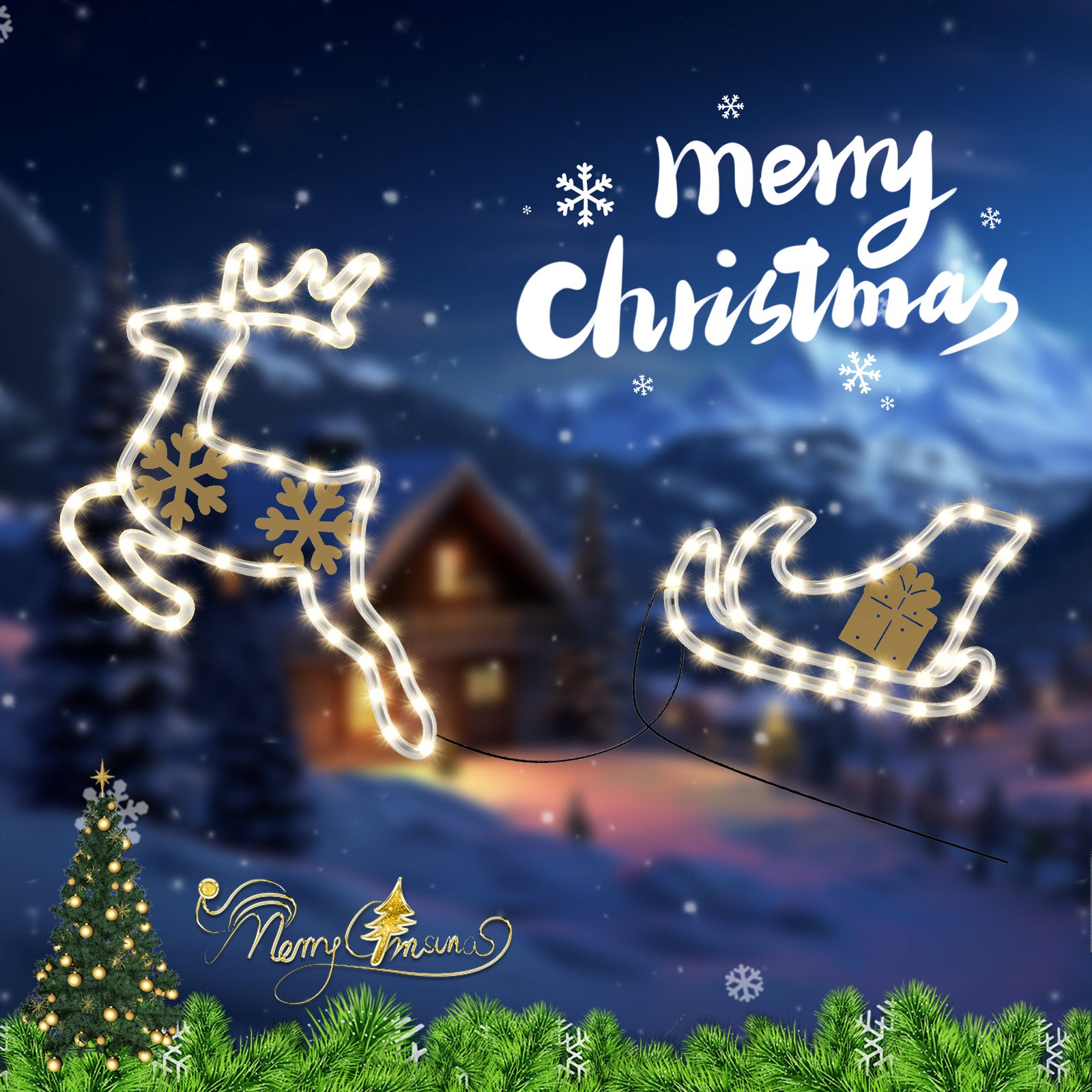 Quntis Weihnachtsfensterlichter – 2er-Pack Acryl-Elch mit Schlitten, batteriebetriebene Innen-/Außendekoration mit 95 hellen LED-Perlen