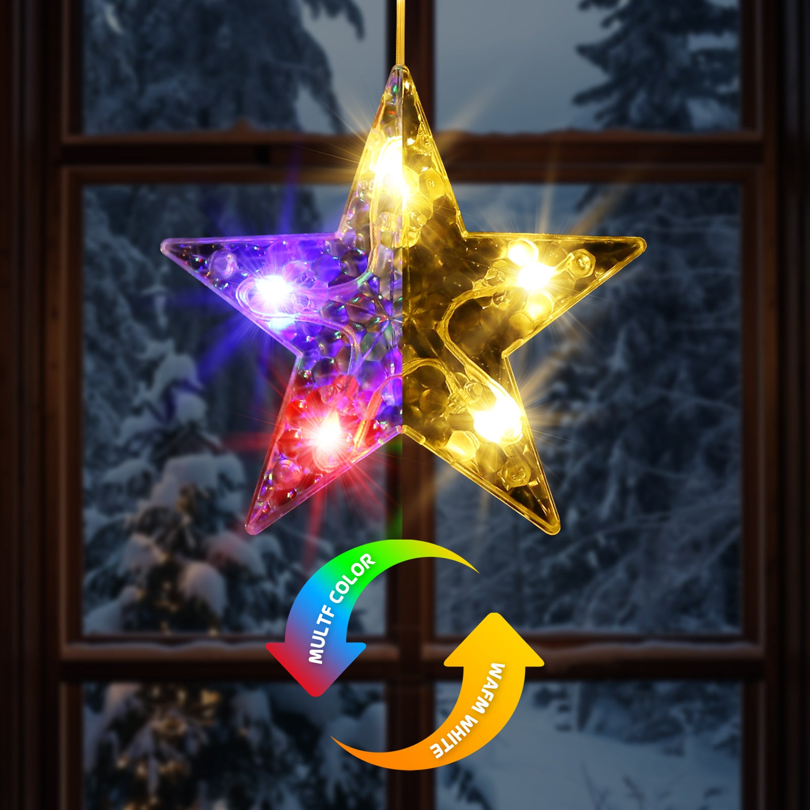 Quntis Color Changing Star Window Christmas Lights - Warm White & Multicolor 9 Stars Curtain, 8 Modes Battery Operated With Timer, IP65 Waterproof Xmas Window Decor