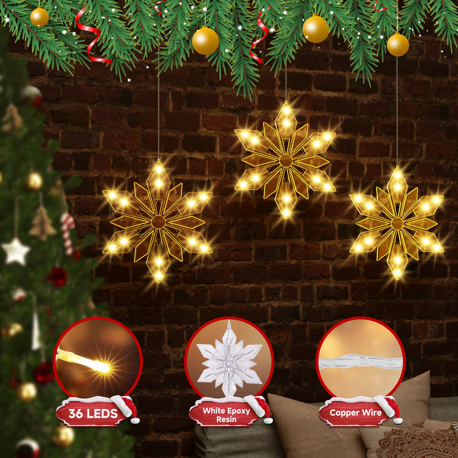 Quntis 34" Weihnachts-Schneeflocken Fensterlichter – 3er Pack, batteriebetrieben, 36 LEDs mit Timer & 8 Funkelmodi für die winterliche Innendekoration