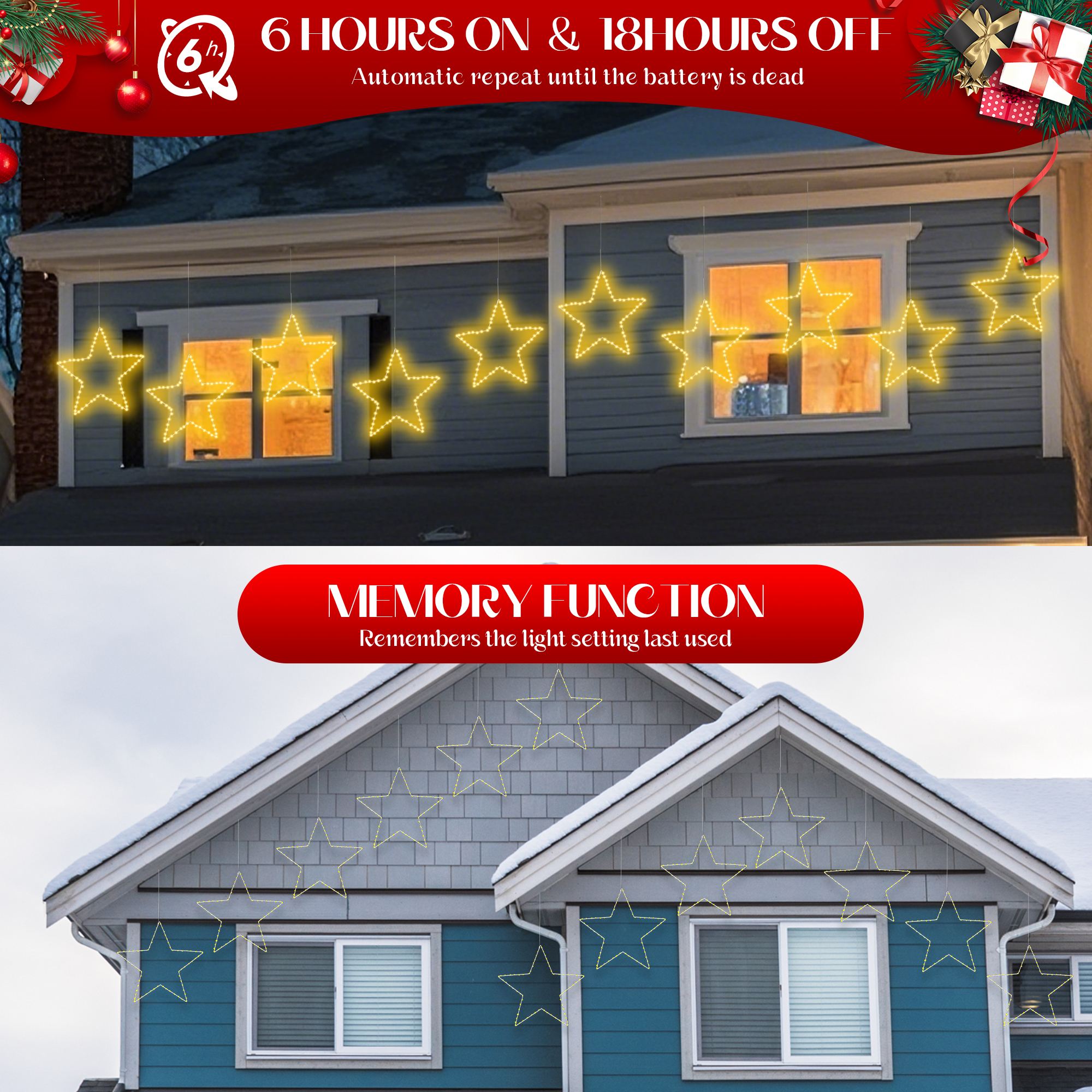 Quntis Luzes de Estrela de Natal 19.6in – Funciona a Bateria, Temporizador, 8 Modos, Dobrável para Uso Interior/Exterior