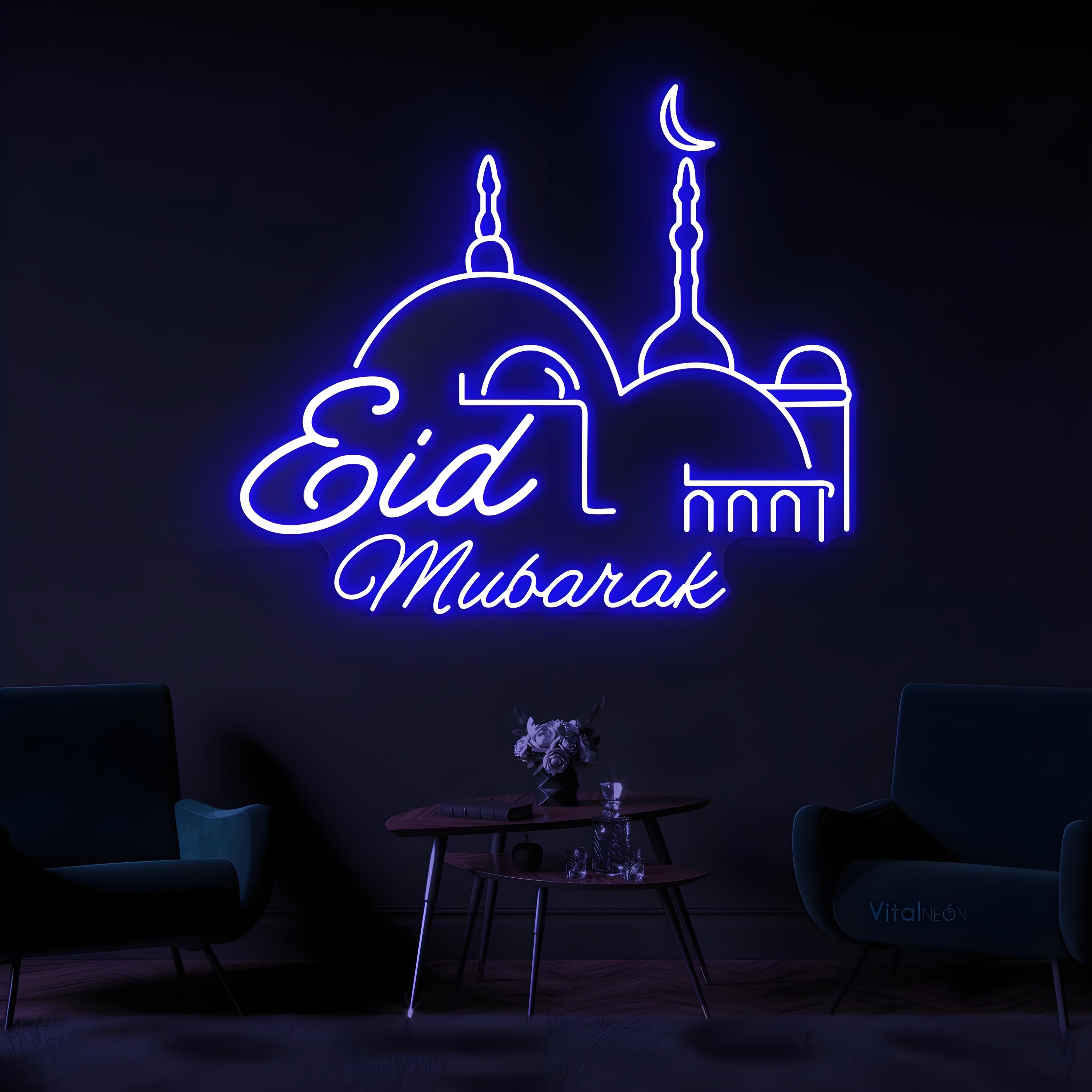 Modern Blue Neon LED Sign: Minimalist 'Eid Mubarak' Calligraphy & Mosque Silhouette