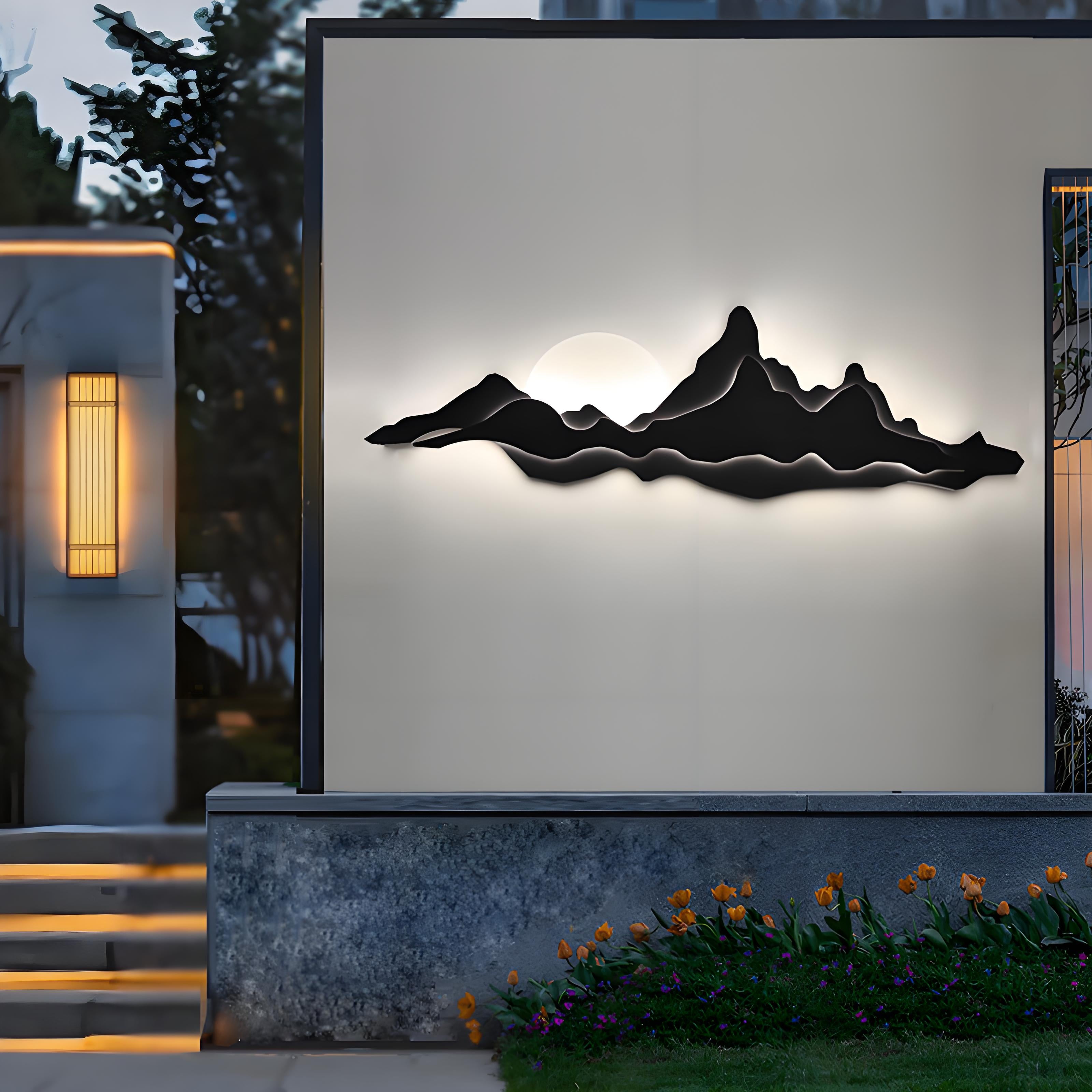 Solar Powered LED Wall Light – Modern Zen Mountain Landscape Outdoor Decor | Waterproof Ambient Art Lamp for Garden, Patio, or Entryway