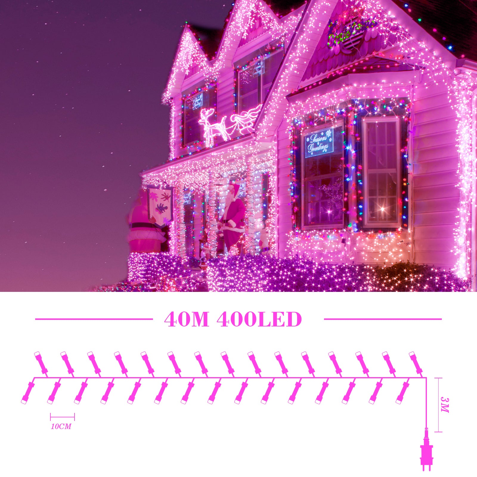 Quntis Pink&Cool White LED Christmas String Lights 40M 400LEDs 8 Mode IP44 Waterproof Fairy Lights Mains Powered for Home Garden Patio Chirstmas Tree Xmas Wedding Decoration