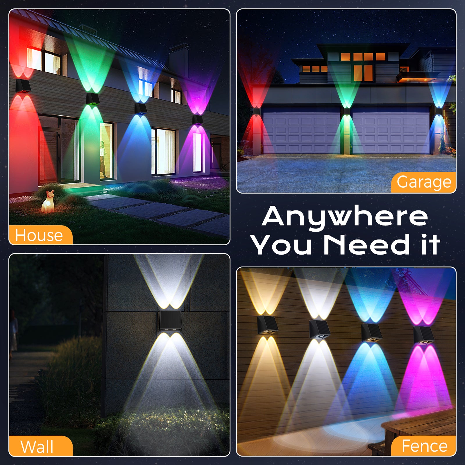 Quntis RGBCW Solar Lights Outdoor ,13Modes,RGB Colors + Warm & Cool White, Up/Down Fence Lights, IP65 Waterproof Dusk to Dawn Solar Deck Lights for Patio, Yard, Garden