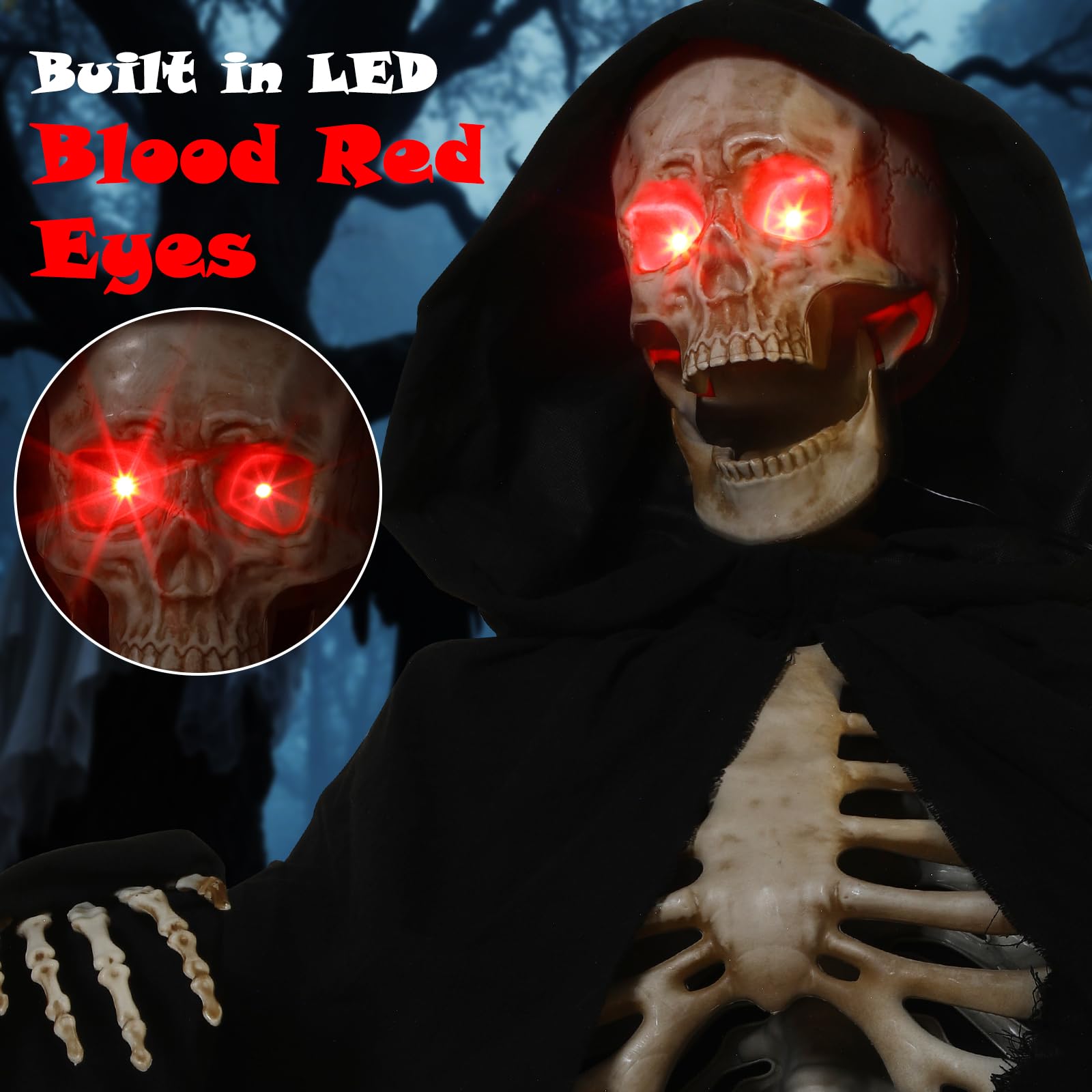 Quntis Halloween Animatronics Decorations Outdoor - 7FT Life Size Animated Grim Reaper, Scary Gaint Skeleton with Sound & Touch Activated, Spooky Sound, Lighted Eyes, Graveyard Yard Party Haunted Prop