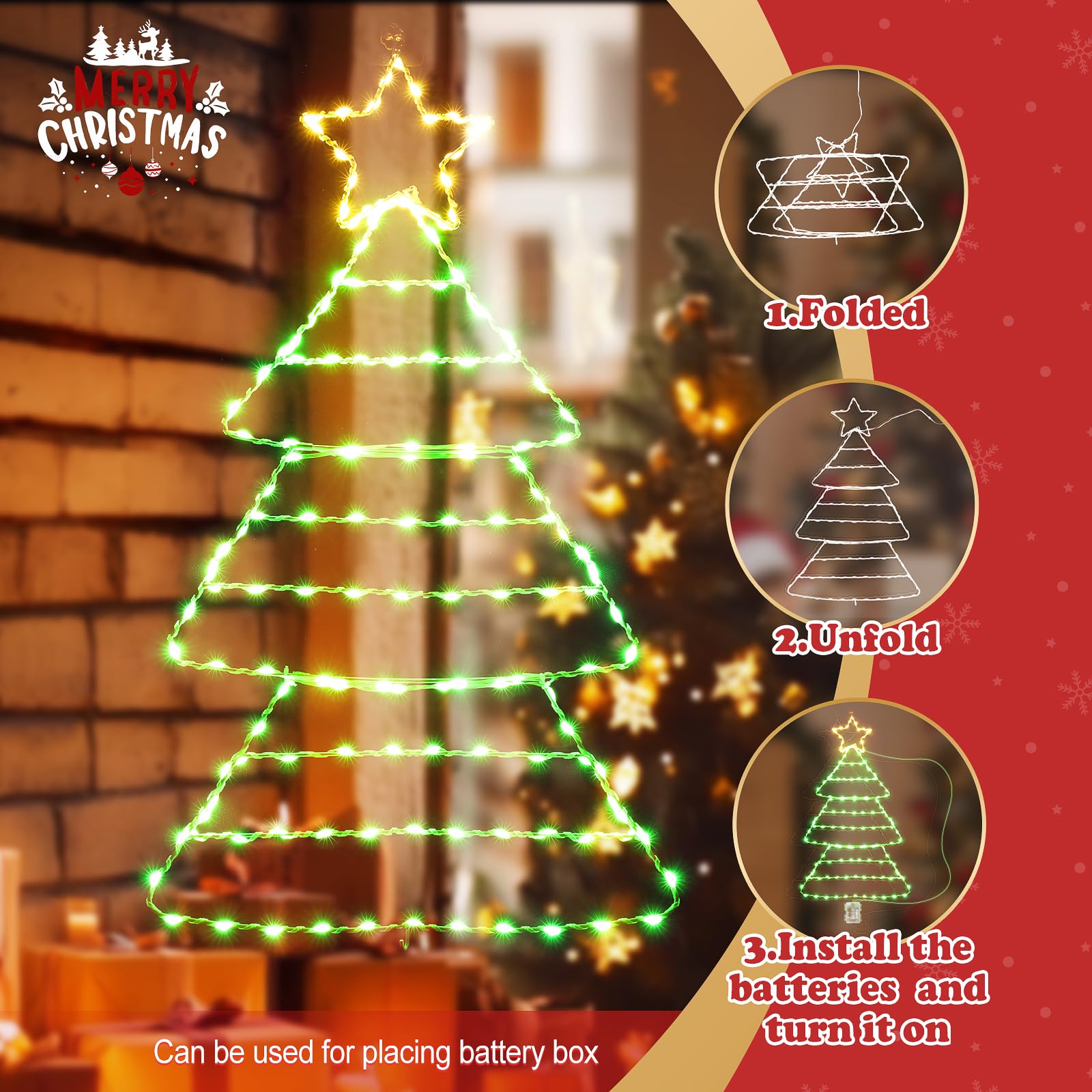 Quntis Luces de Ventana de Árbol de Navidad – 2.2FT, 143 Luces con 8 Modos y Temporizador, Funcionamiento a Batería para Decoración de Vacaciones en Interiores/Exteriores
