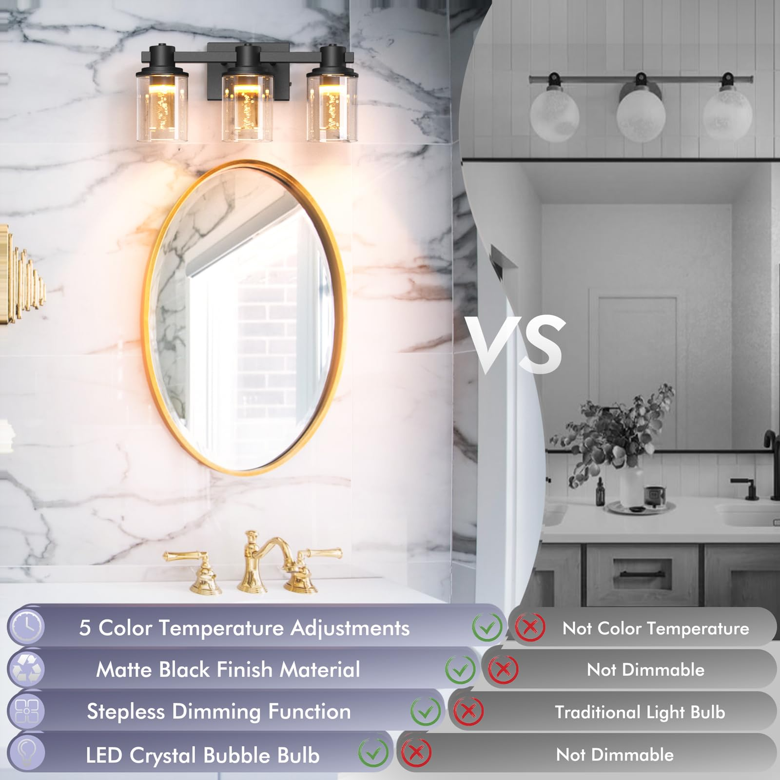 Quntis Aplique de baño moderno de cromo con 3 luces y pantallas de burbujas de cristal – Iluminación elegante para baño y hogar